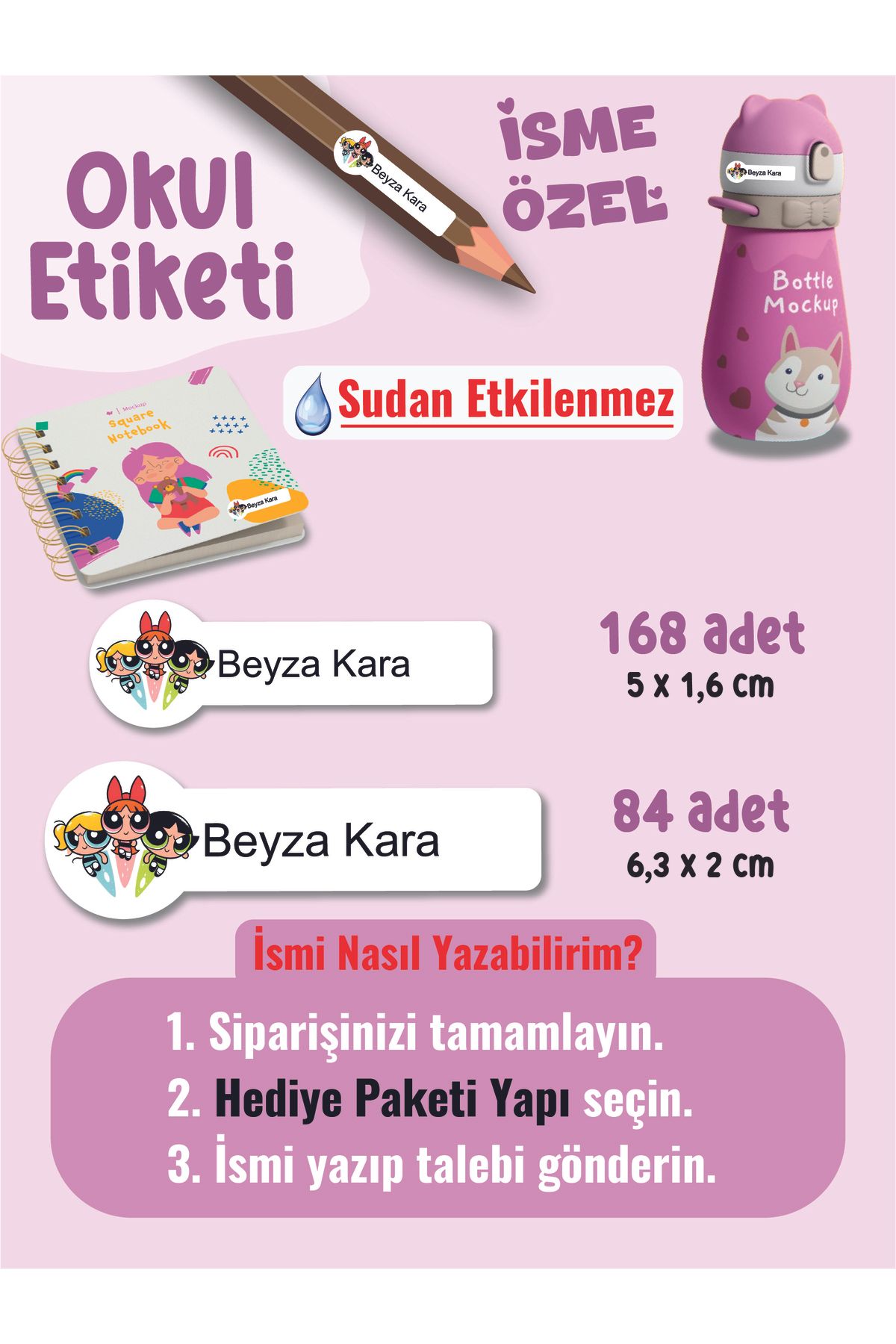 YUNUS COPY Okul Etiketi Kalem Defter Etiketi Power Puf Girl Temalı Özel İsim Yazılabilen Etiket - 252Adet