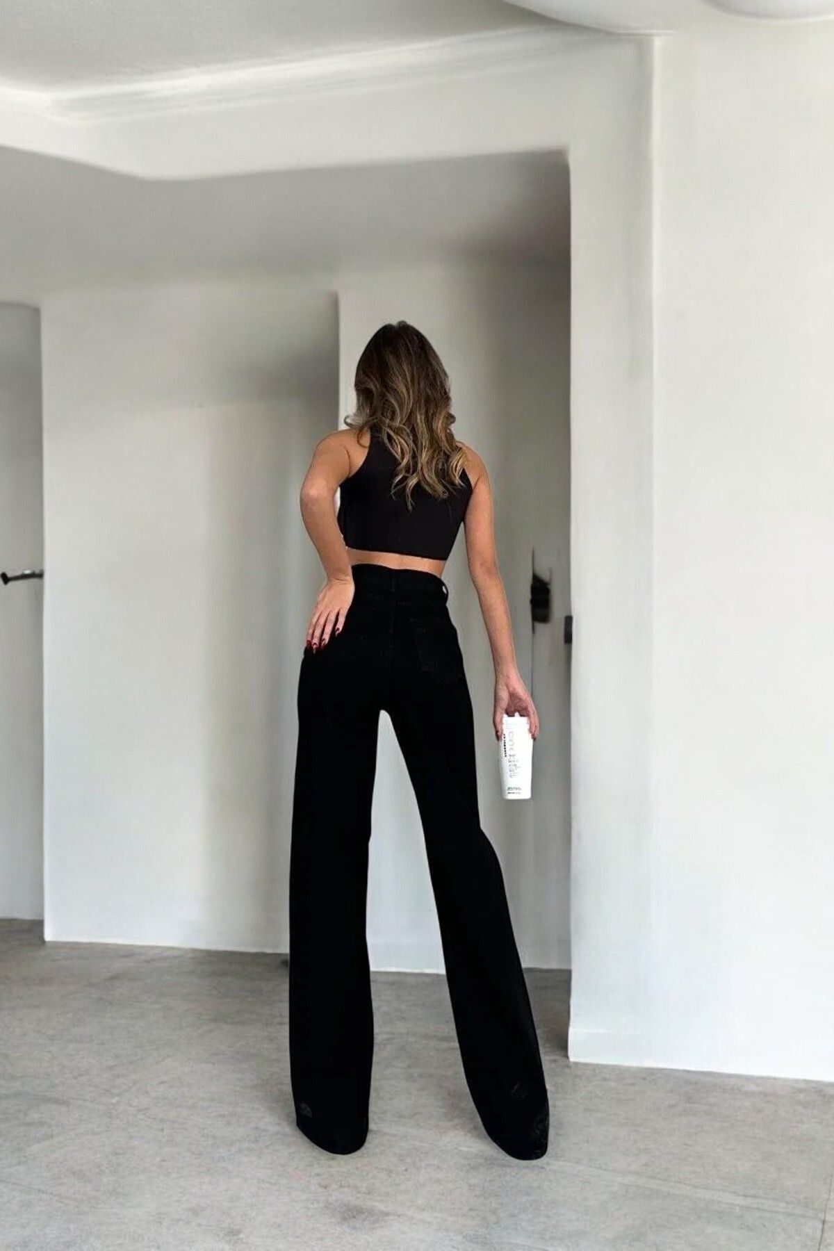 Livik Diana Kadın Siyah Ekstra Yüksek Bel Esnek Bel Cep Detaylı Wide Leg Kot Pantolon