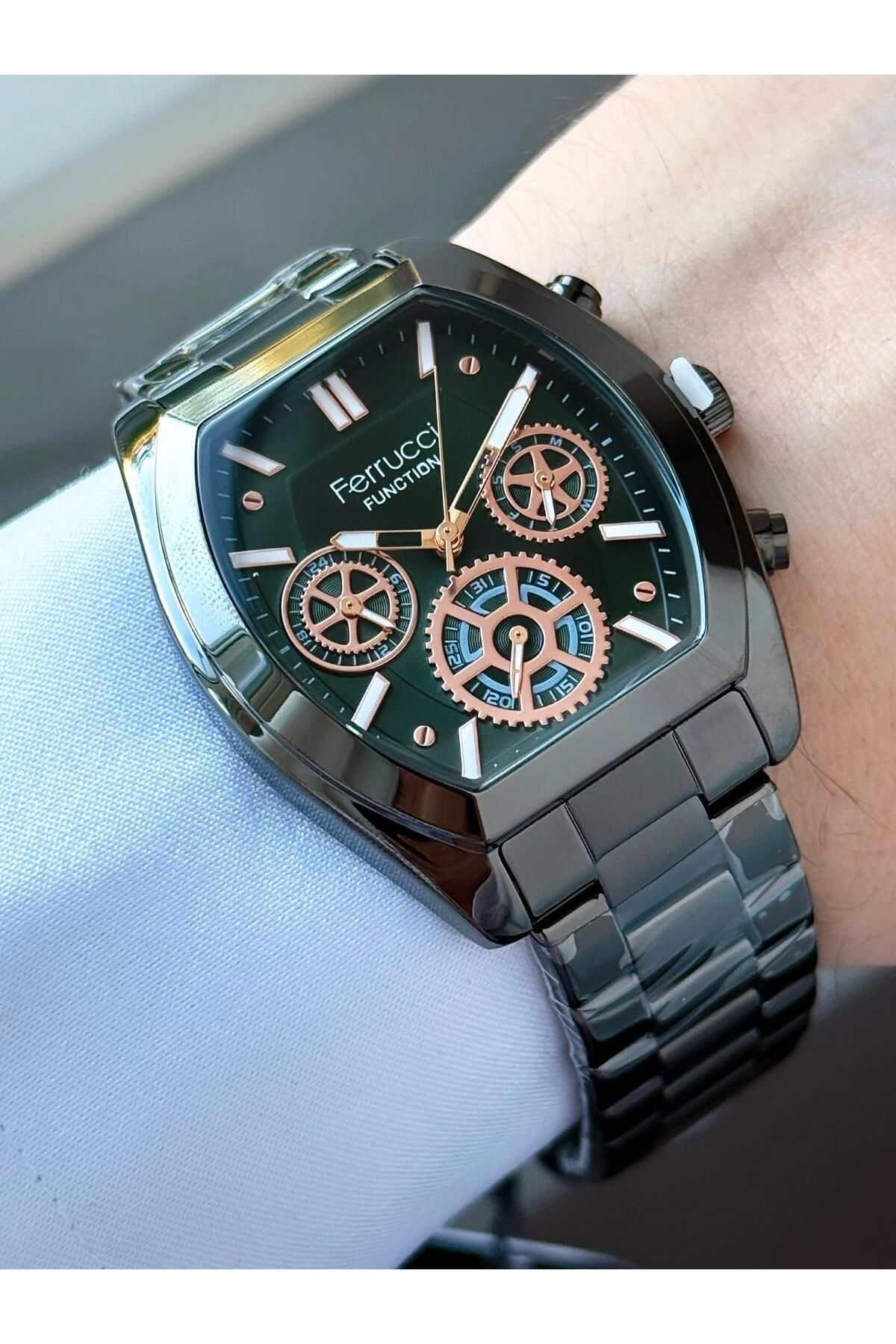 Ferrucci Erkek Füme Fonksiyonları Aktif Geometrik Kasa,Metal Kordon Kol Saati