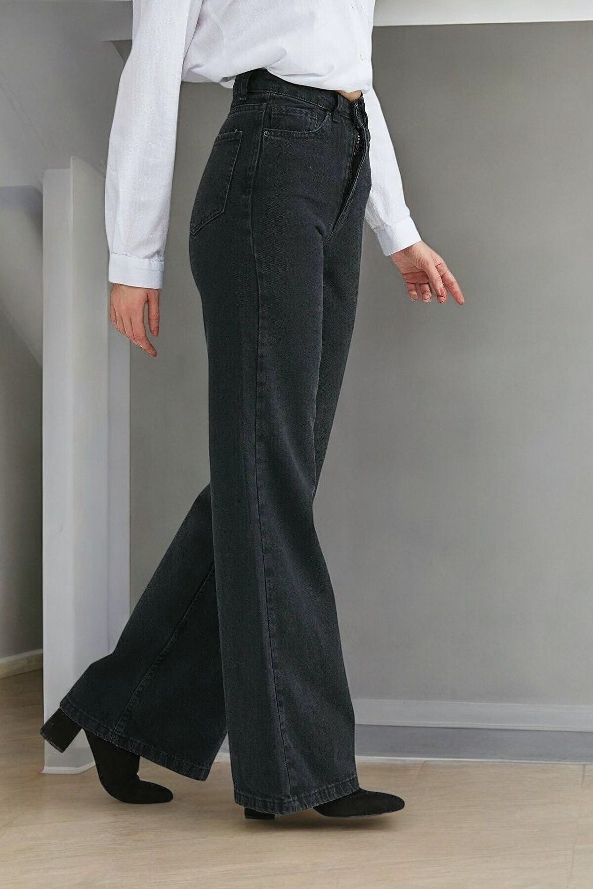 Livik Gabriella Genç Kız Siyah Yüksek Bel Likralı Rahat 90's Wide Leg Jean