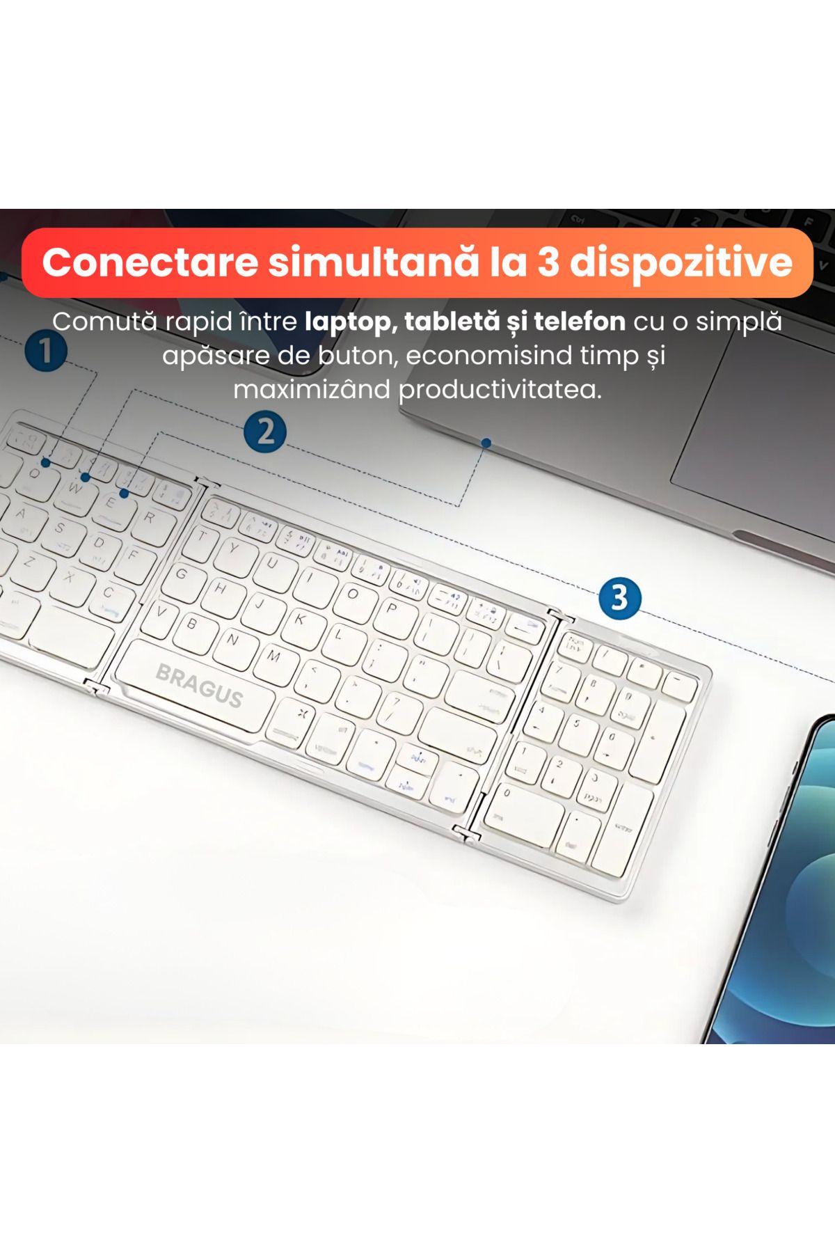 BRAGUS-Ultra-thin foldable keyboard, compatible with Android, iOS, Smart TV, numeric keypad, silver 5