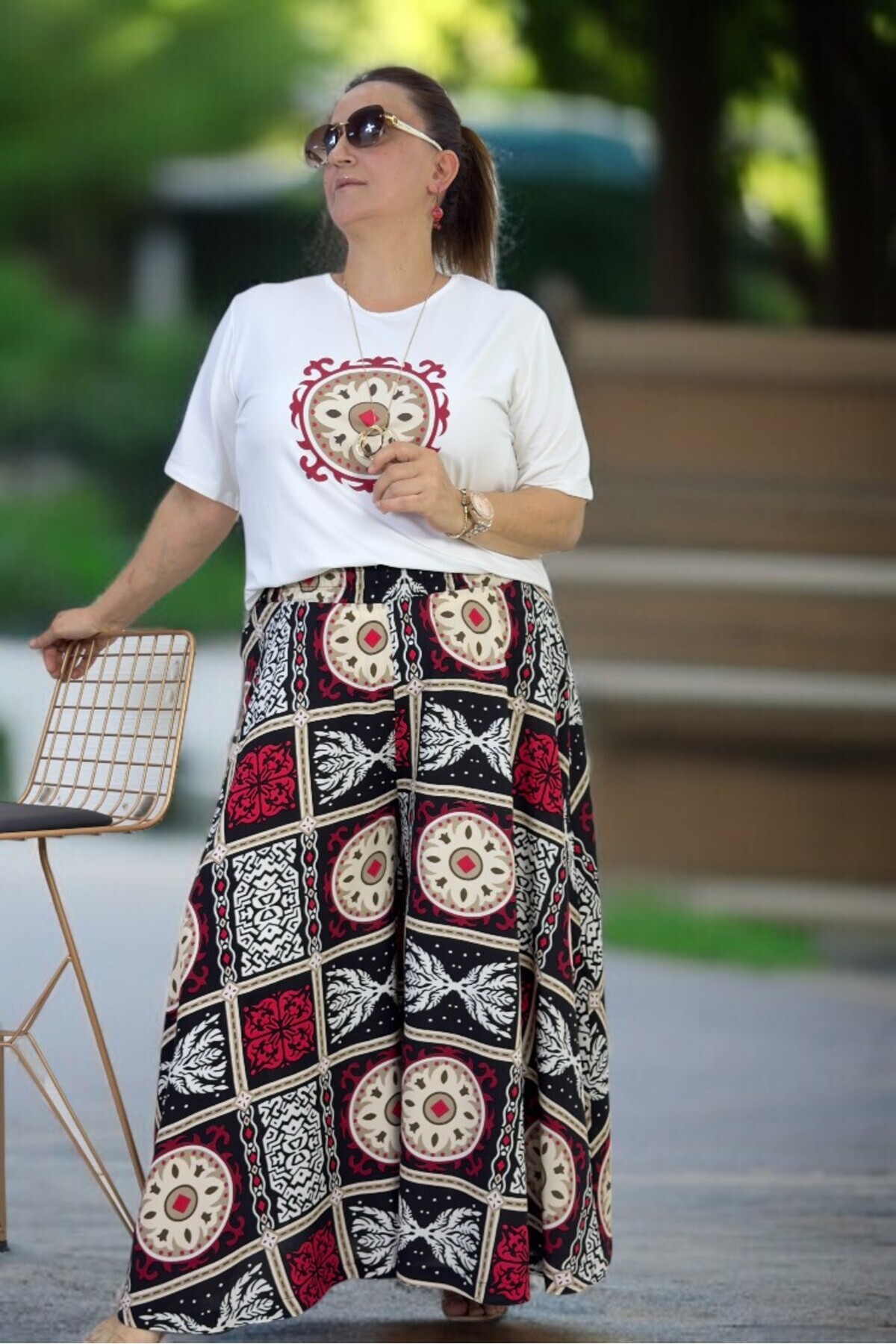 ELASTIC WAIST WIDE CUT COTTON VISCOSE PANTS SKIRT COMBED COTTON BLOUSE 2 PIECE SET