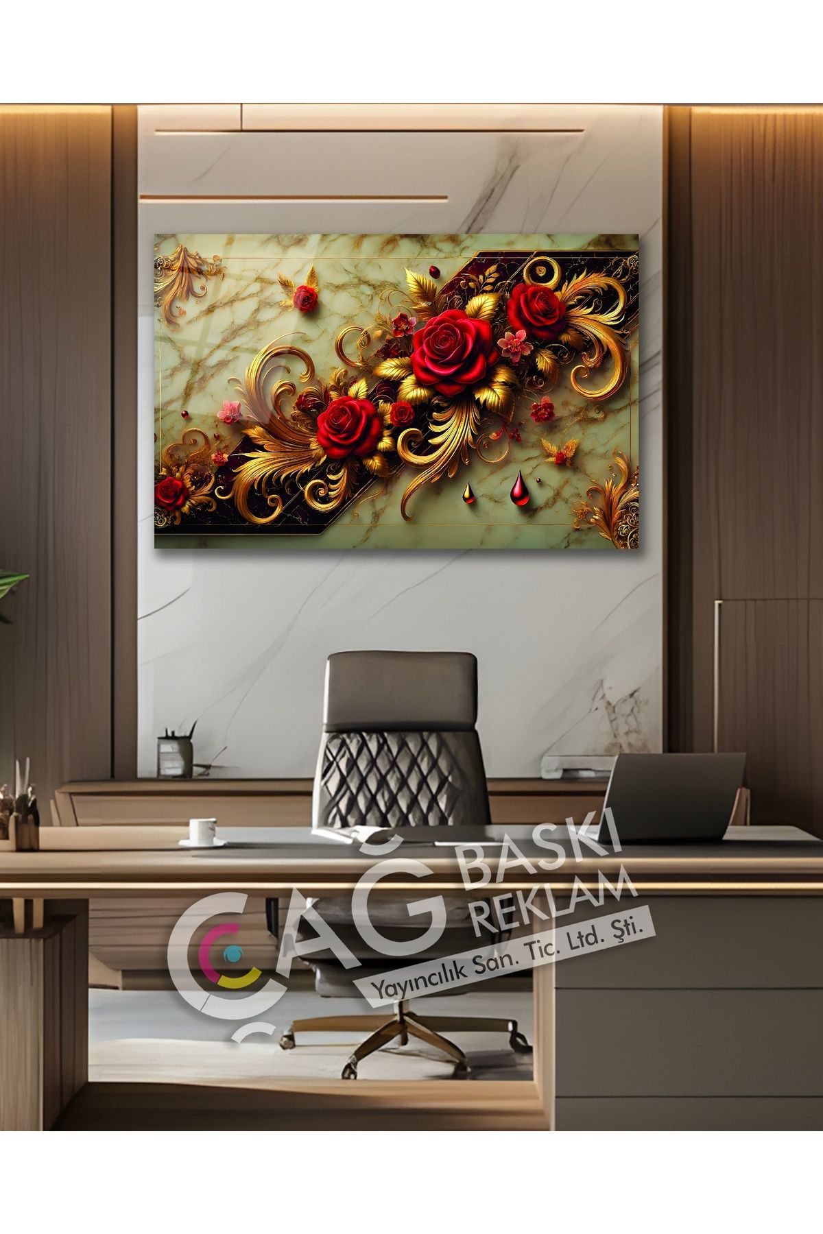 Çağ Baskı Gül Çiçek Flower Göz Alıcı Estetik Cam Tablo Modern Ev Ofis Salon Duvar Oda Dekoru Hediyelik