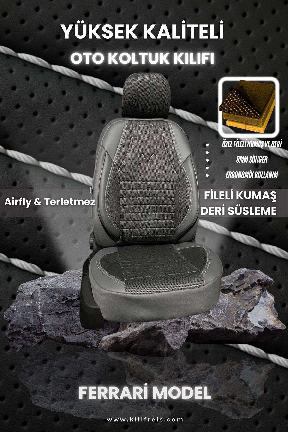 KILIFREİS FERRARI MODEL TERLETMEZ FÜME RENK FÜME DERİ KOLTUK KILIFI & Ön Arka 5 Koltuk Tam Set