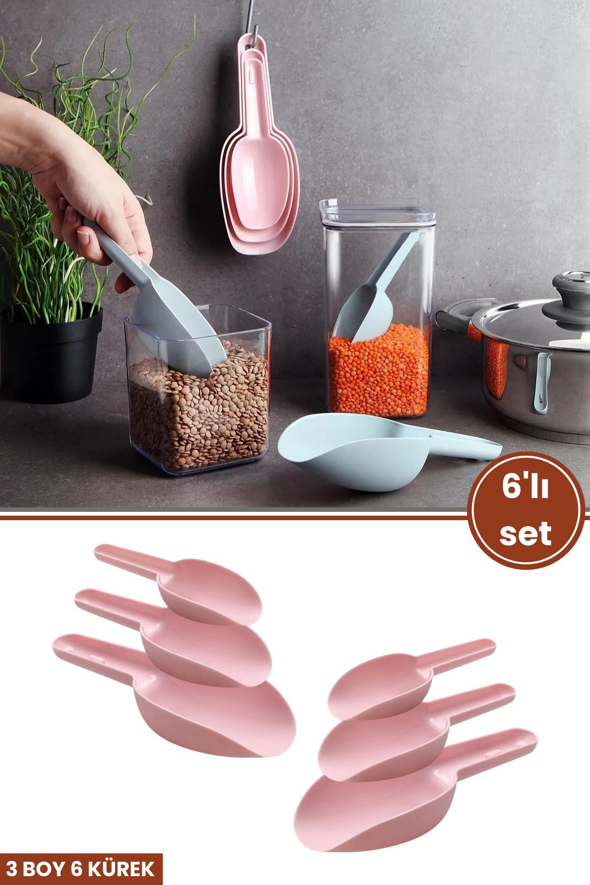 12den 6 Adet Baharat Küreği, Un Şeker Bakliyat Kakao Mama Deterjan Erzak Kaşığı 6’lı Set 2x(3 Boy) Pembe