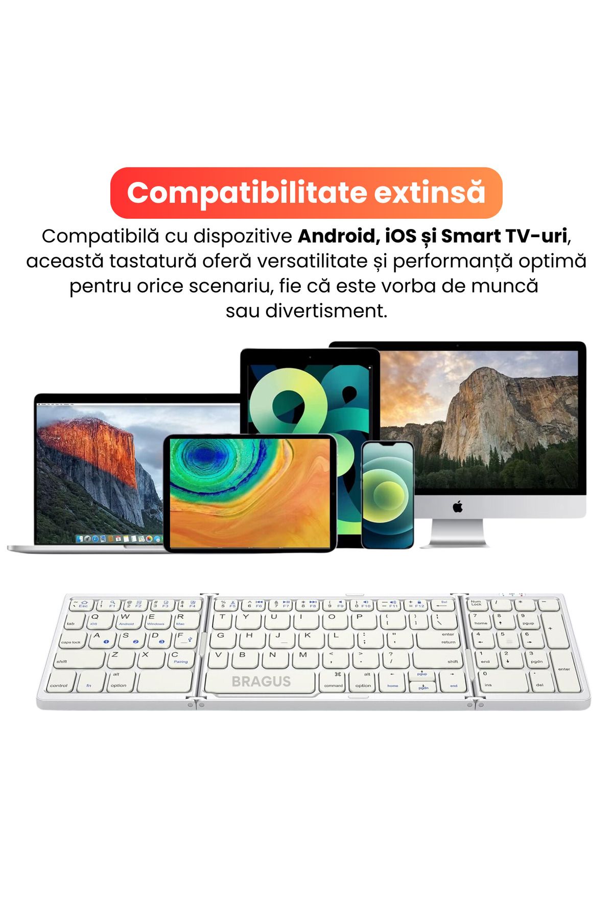 BRAGUS-Ultra-thin foldable keyboard, compatible with Android, iOS, Smart TV, numeric keypad, silver 4