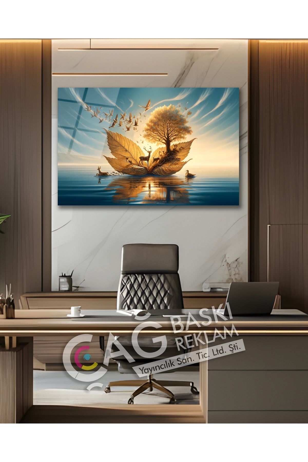 Çağ Baskı Göz Alıcı Yaprak Ağaç Doğa Deniz Estetik Cam Tablo Modern Ev Ofis Salon Oda Dekoru Hediyelik
