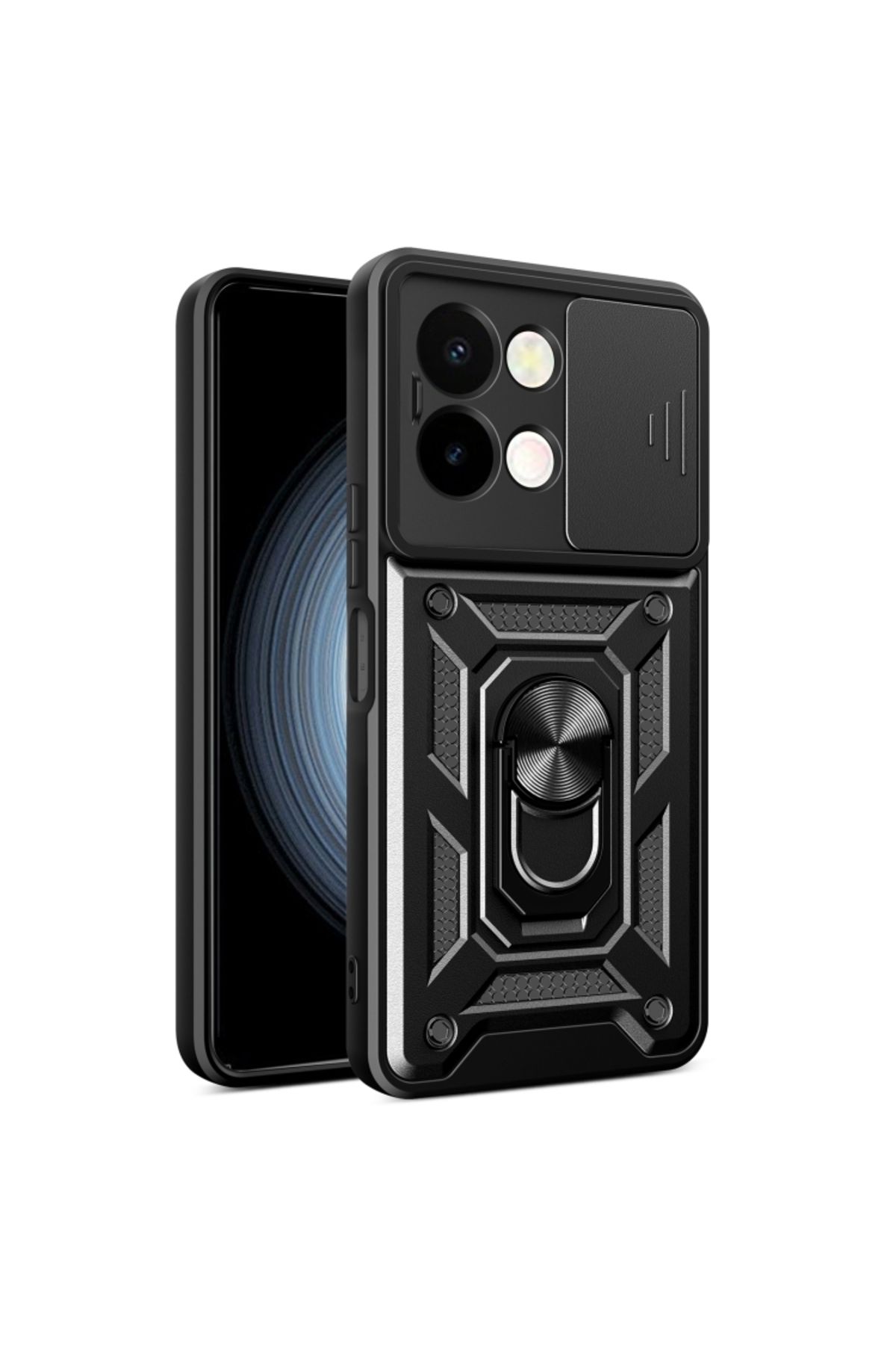 KılıfShop Vivo Y28 Kılıf Pars Yüzüklü Standlı Darbe Korumalı Siyah