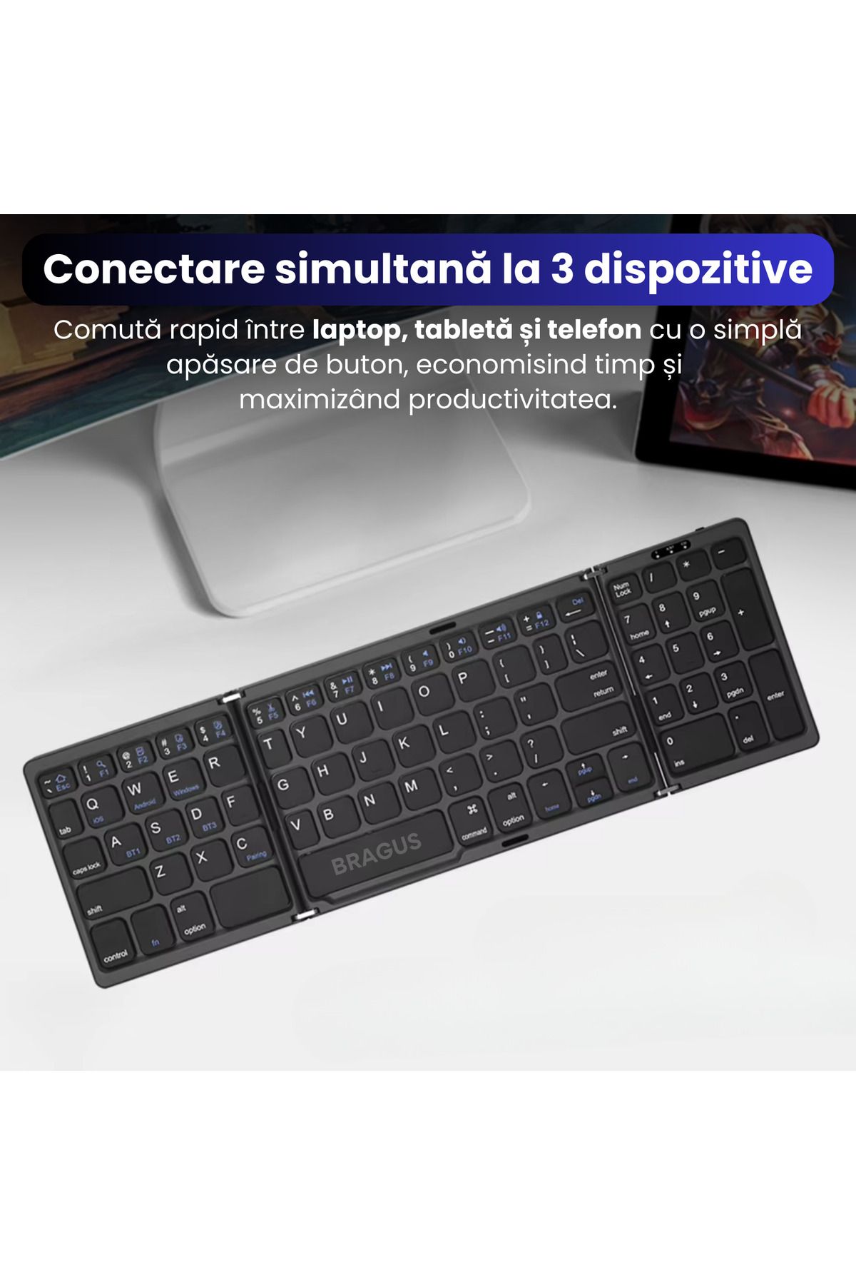 BRAGUS-Ultra-thin Foldable Keyboard, Compatible with Android, Ios, Smart TV, Numeric Keypad, Black 5