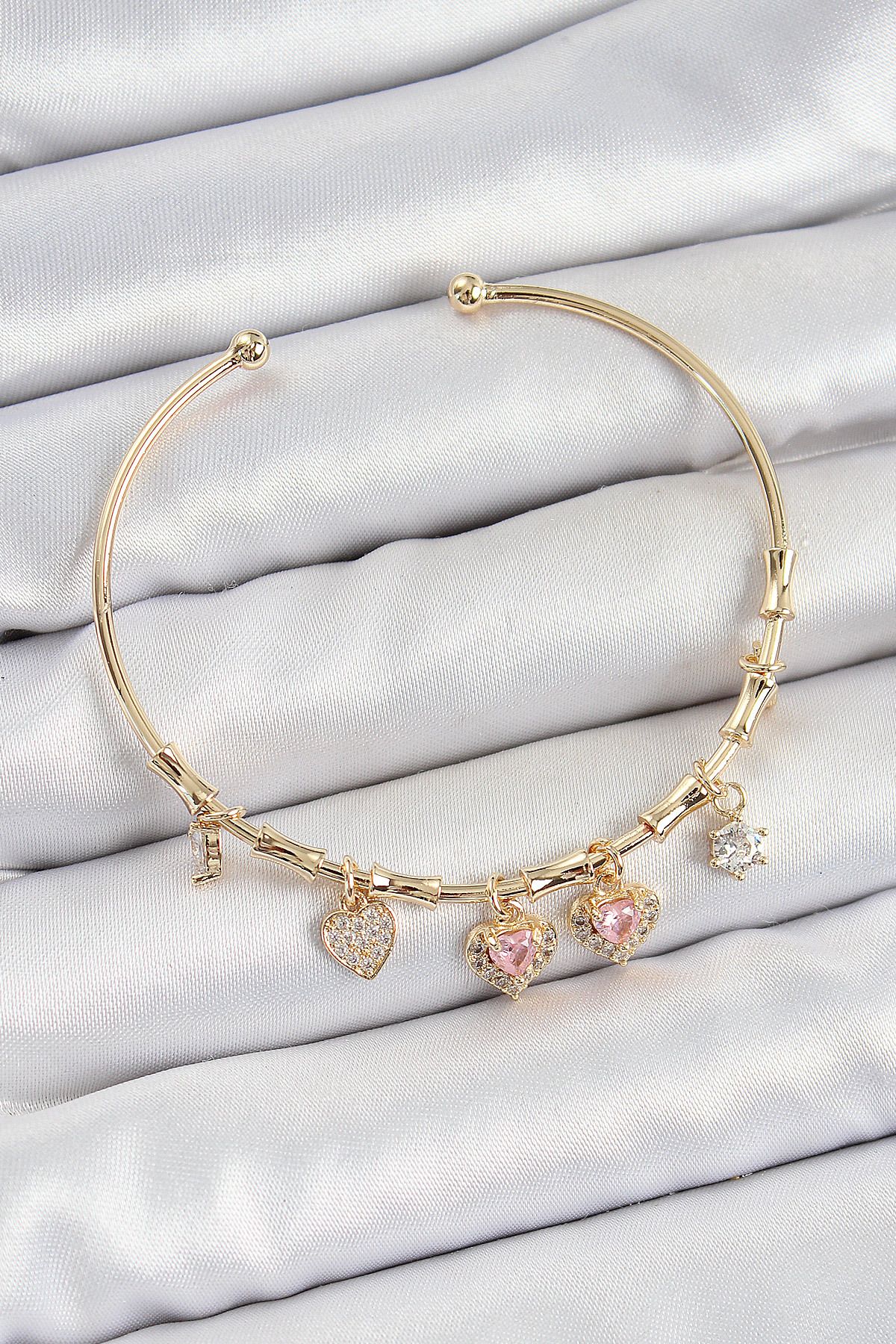 BESKAR Pirinç Zirkon Taşlı Pembe Kalp Model Gold Renk Charm Bileklik