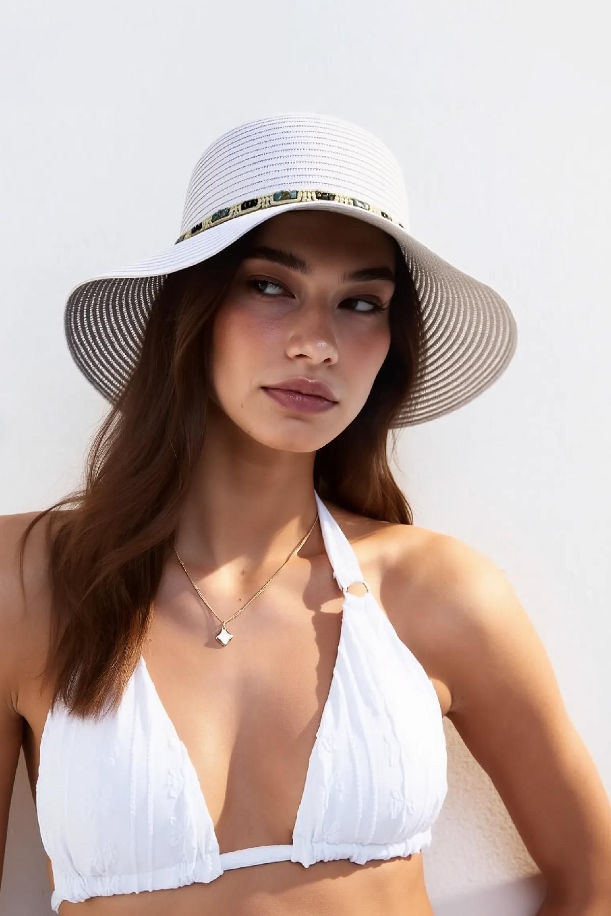 Külah Kadın Boho İşlemeli Hasır Şapka - Beyaz