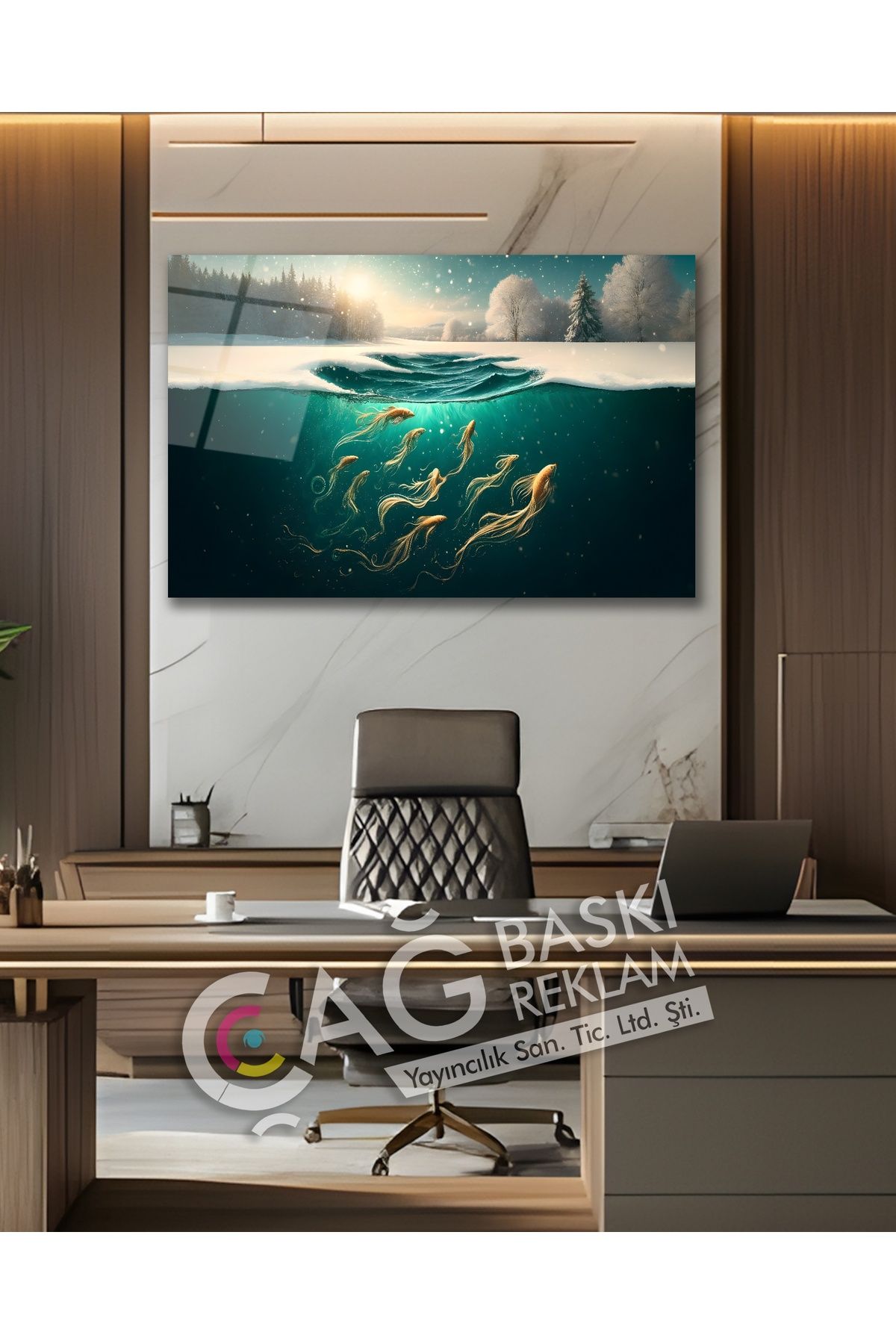 Çağ Baskı Balıklar Deniz Kış Göz Alıcı Estetik Cam Tablo Modern Ev Ofis Salon Oda Duvar Dekoru Hediyelik