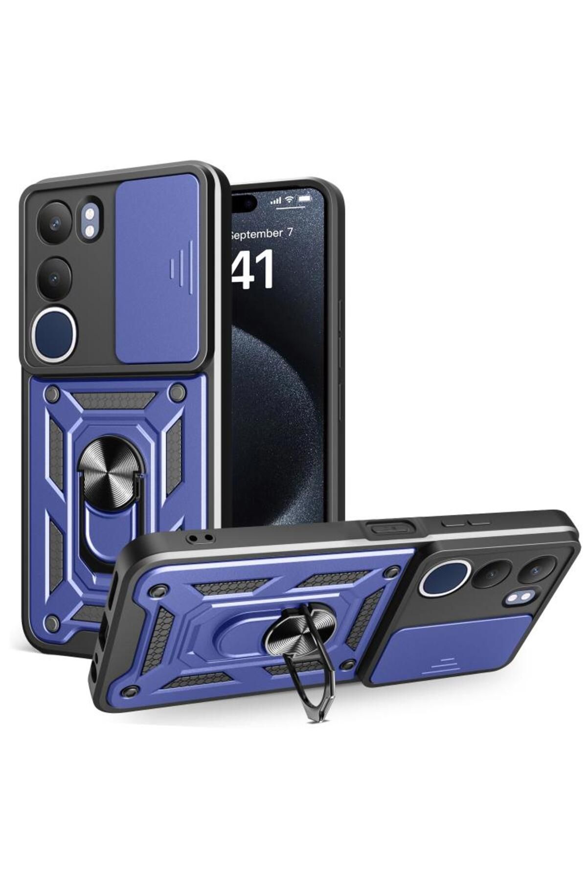 KılıfShop Vivo Y19S Kılıf Pars Yüzüklü Standlı Darbe Korumalı Lacivert