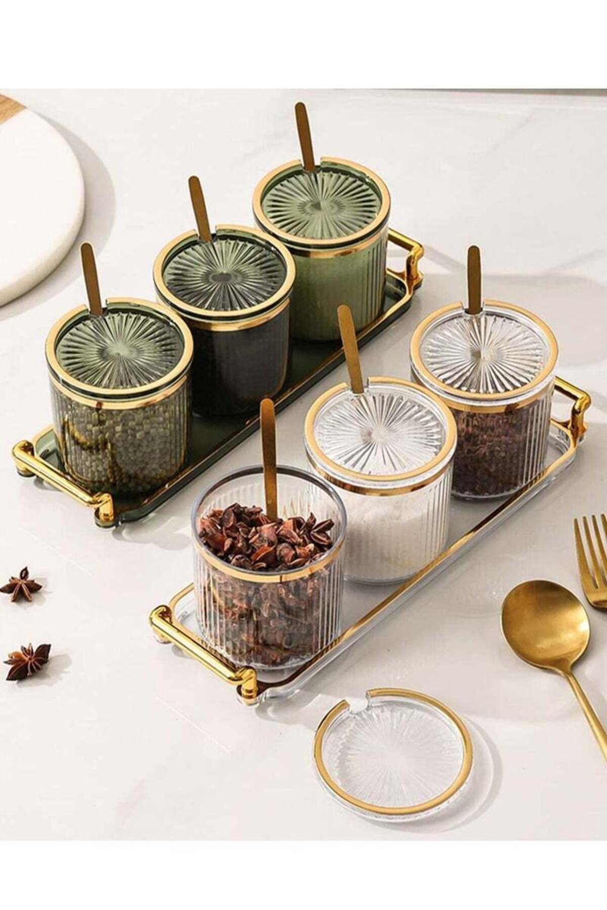 COOYA-3 Pack Clear Acrylic Condiment Spice Jars,Condiment Spice Box With Lids and Spoons and Tray,360ML 6