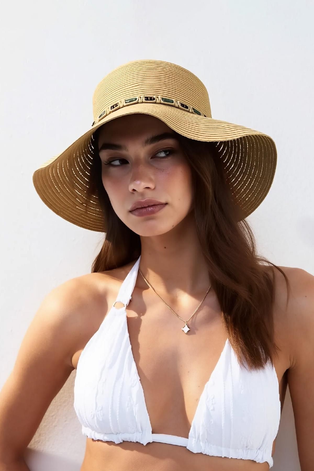 Külah Kadın Boho İşlemeli Hasır Şapka - Camel