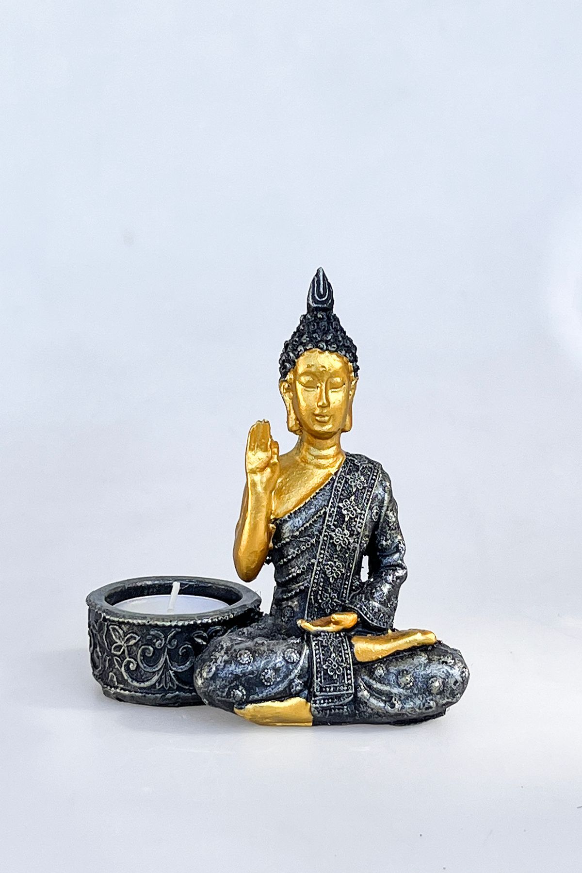 Hepsi Pozitif Buddha Biblosu ve Tealight Mumluk – Eskitme Varak Boyama, 12x14 cm
