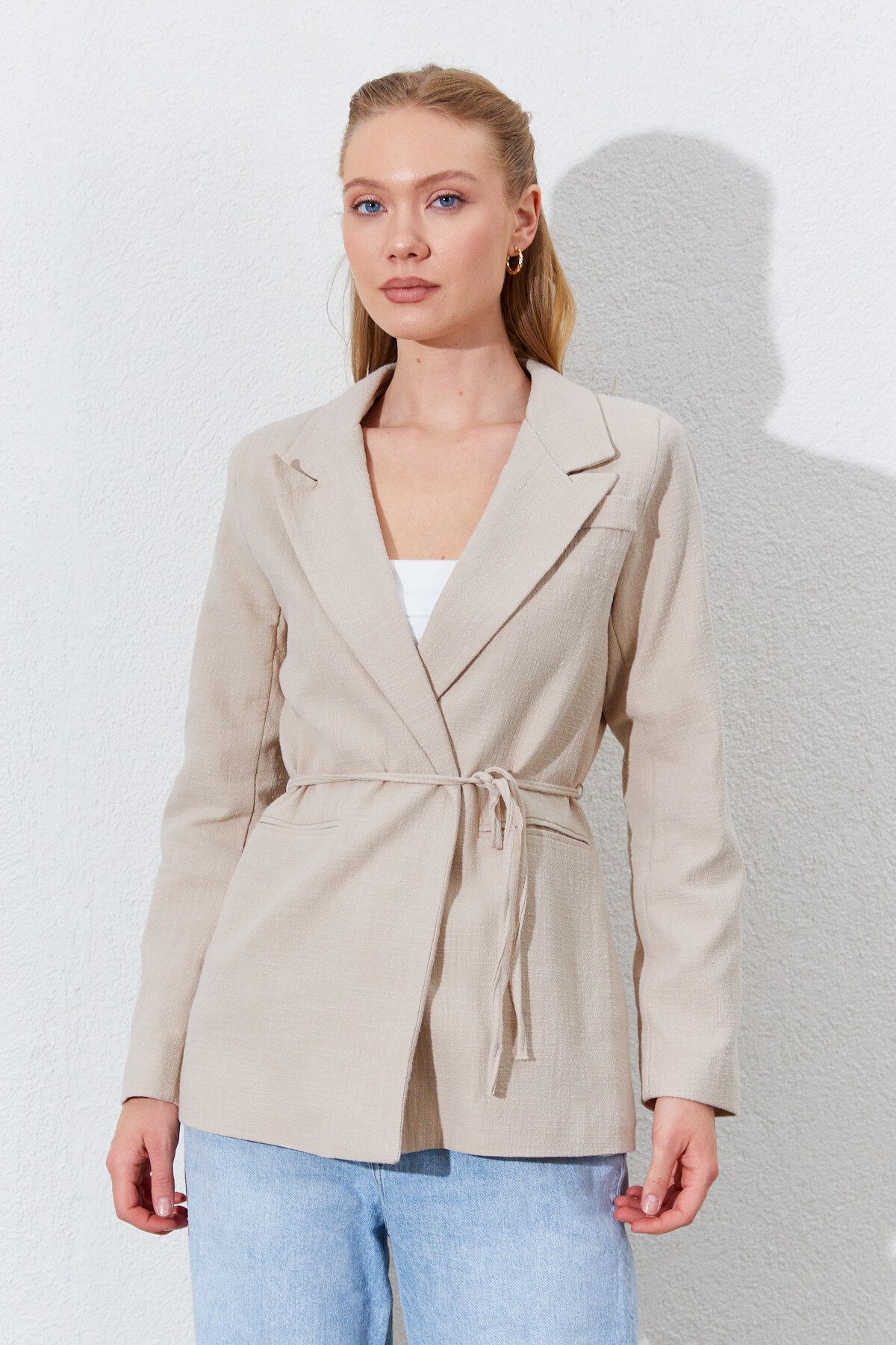 Manche Önü Bağlamalı Fleto Cepli Keten Blazer Ceket - Taş | MKS351939-01