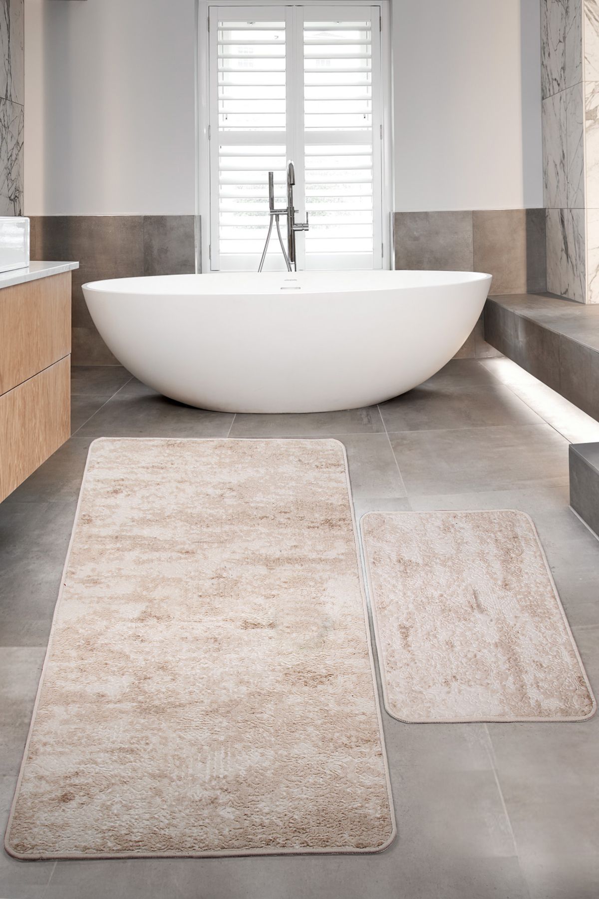 Bestekar Lunessa Krem Büyük Boy Kaymaz Taban Modern Makinede Yıkanabilir Yumuşak İkili Banyo Paspas Takımı