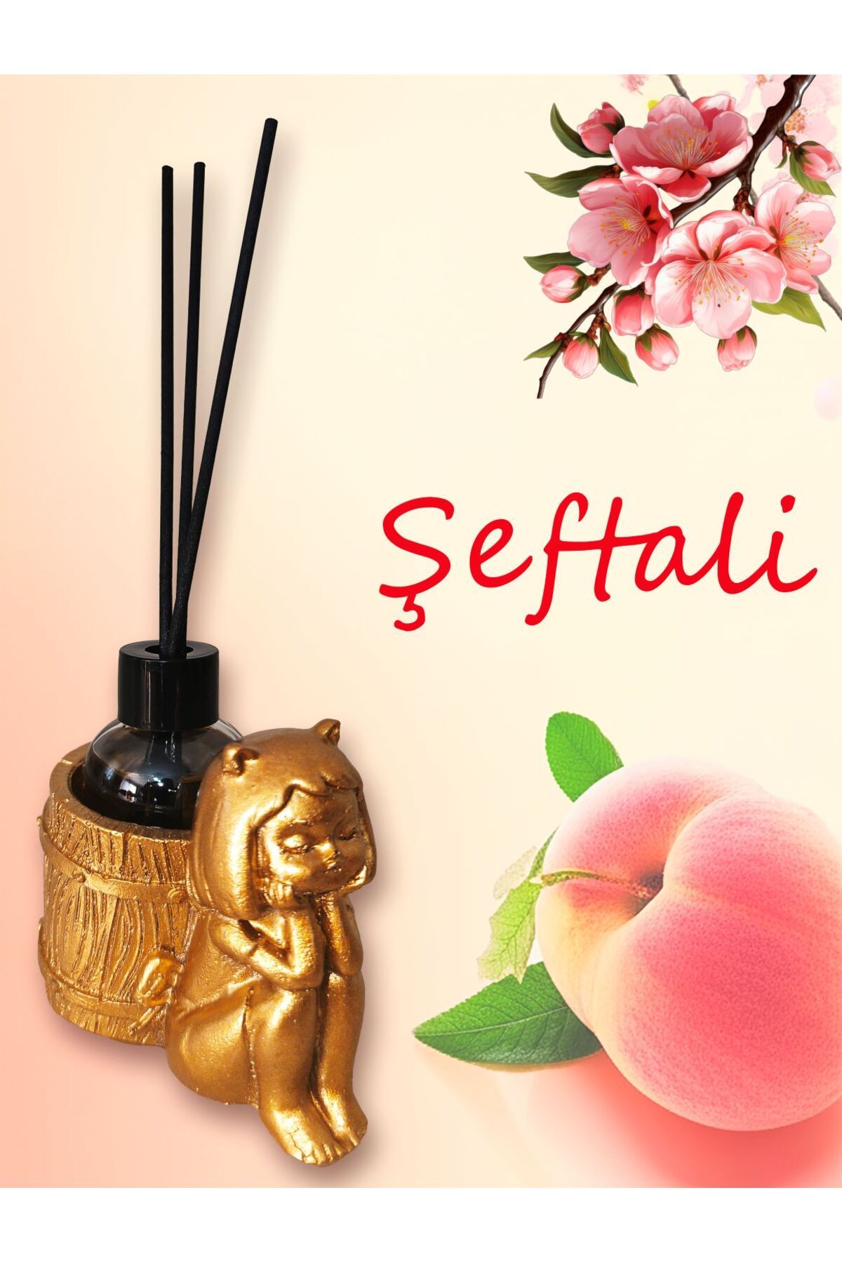 Al Ver Gülüm Şeftali Esanslı Oda Kokusu-Çubuklu Cam Şişe 50ml -Kedi Kız Figürlü Biblo Tasarım