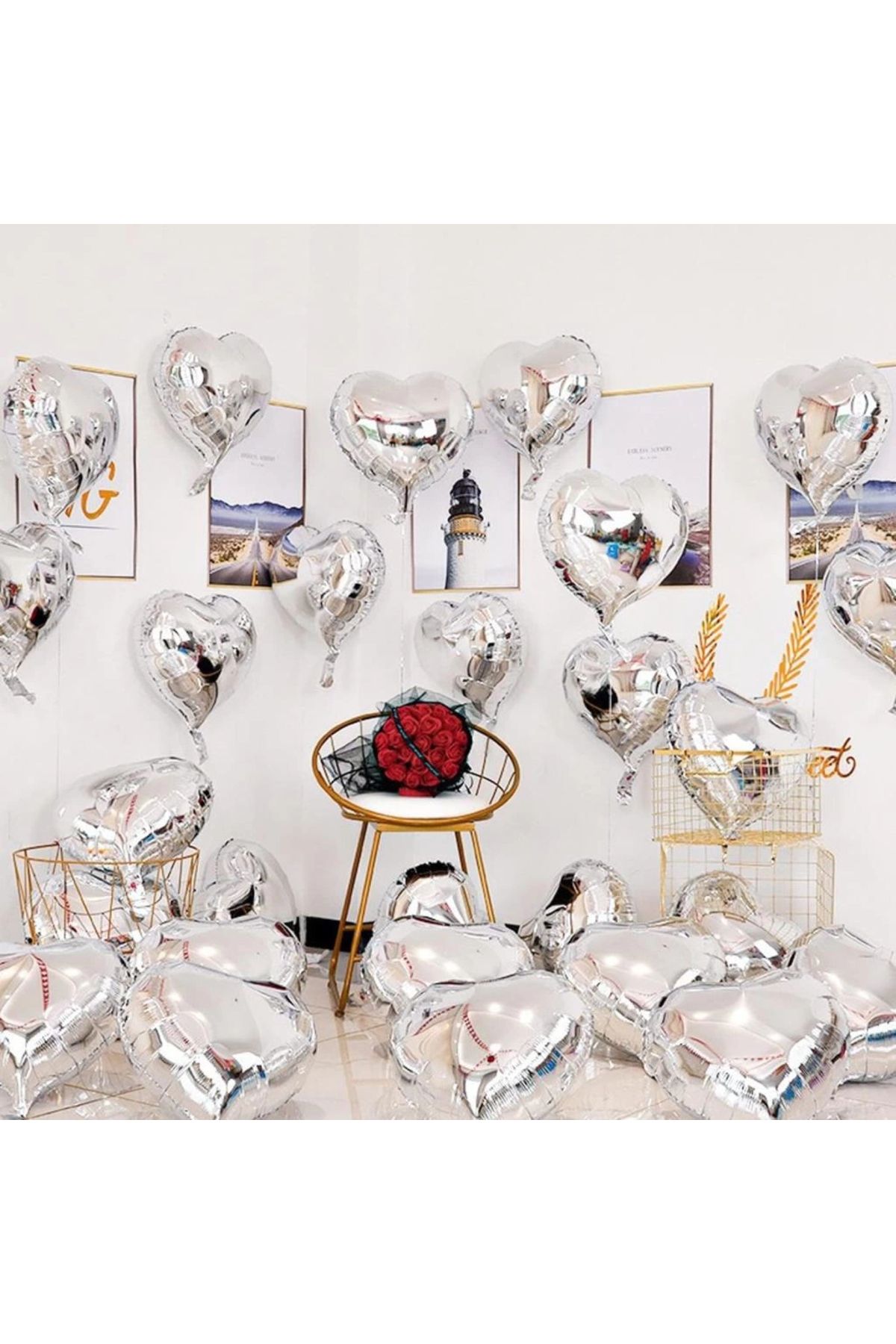 CANSA Metalize Parlak Gümüş Şekilli Kalp Uçan Balon Folyo 45 cm 10 Adet
