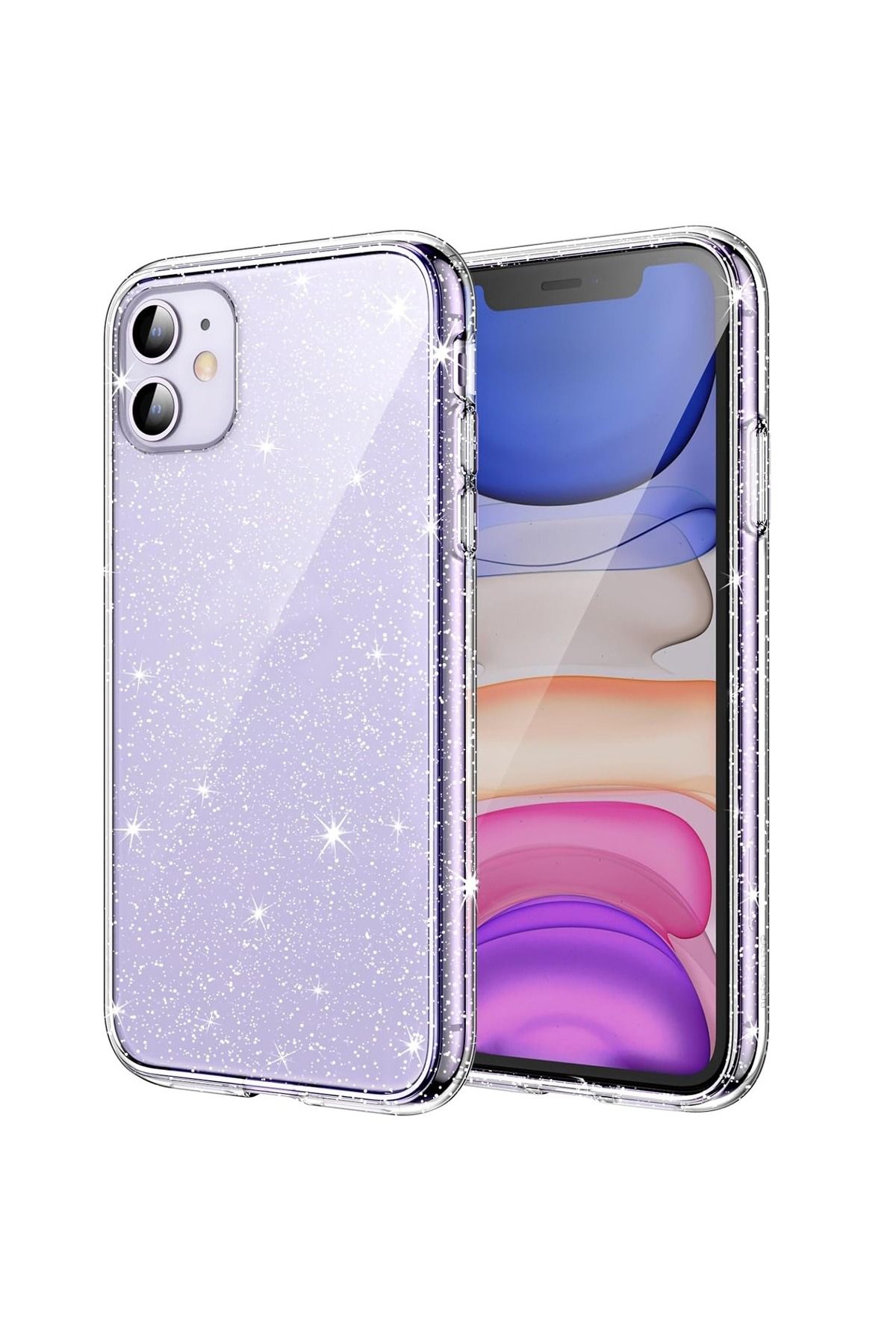Merwish iPhone 11 Uyumlu Şeffaf Simli Kılıf Kapak Yükseltilmiş Kamera ve Ekran Koruma