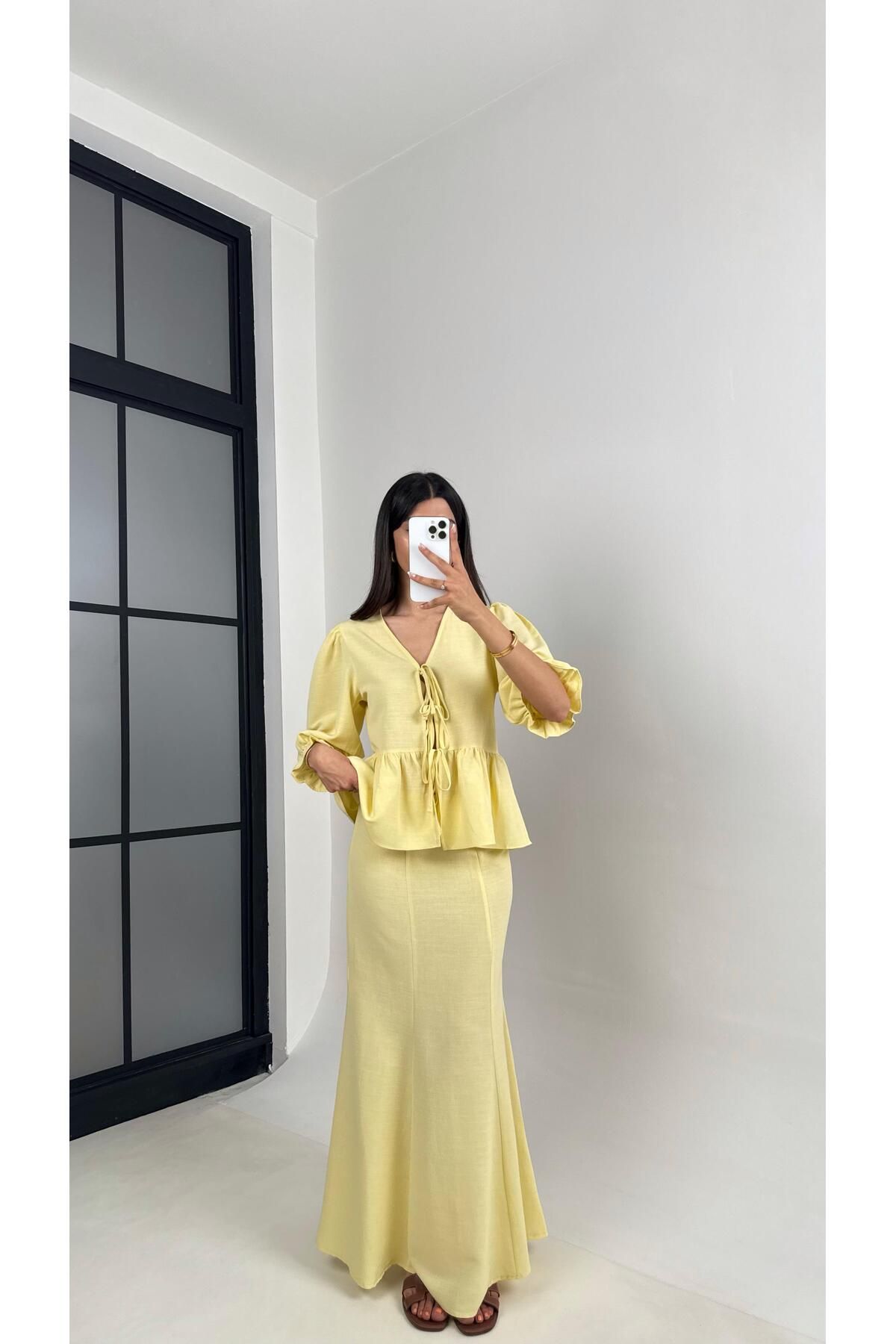 Gaus Sarı Önden Bağlama Detaylı Balon Kol Bluz Etek İkili Pinterest Keten Takım Gaus00570