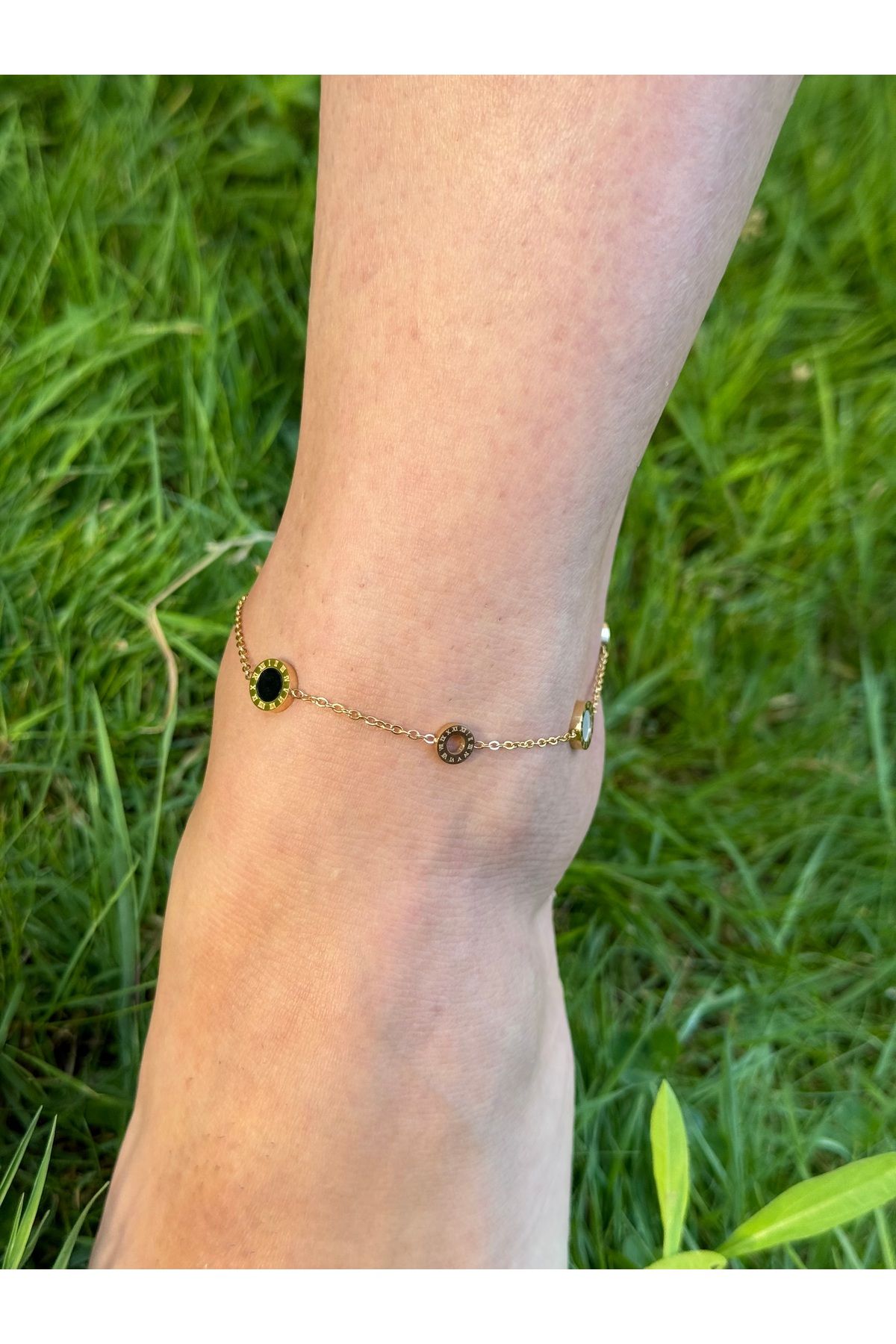 ARMELİA ACCESORİES Armelia Accessories - Renkli Taş Detaylı Gold Çelik Halhal