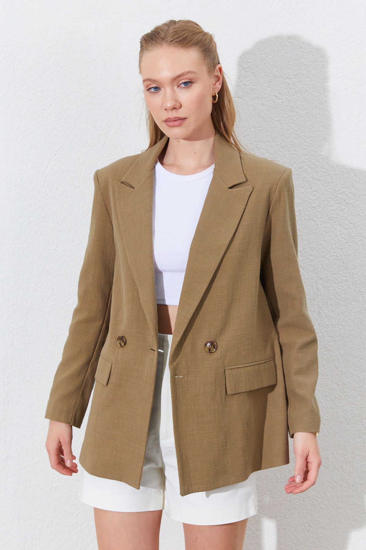 Manche Çift Düğmeli Kapak Cepli Keten Blazer Ceket - Haki | MKS351937-01