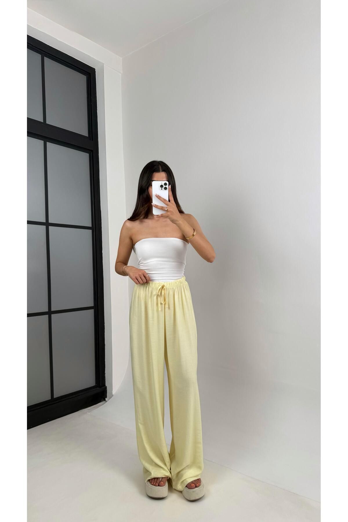 Gaus Sarı Beli Lastikli Çilek Kumaş Pantolon Gaus00571