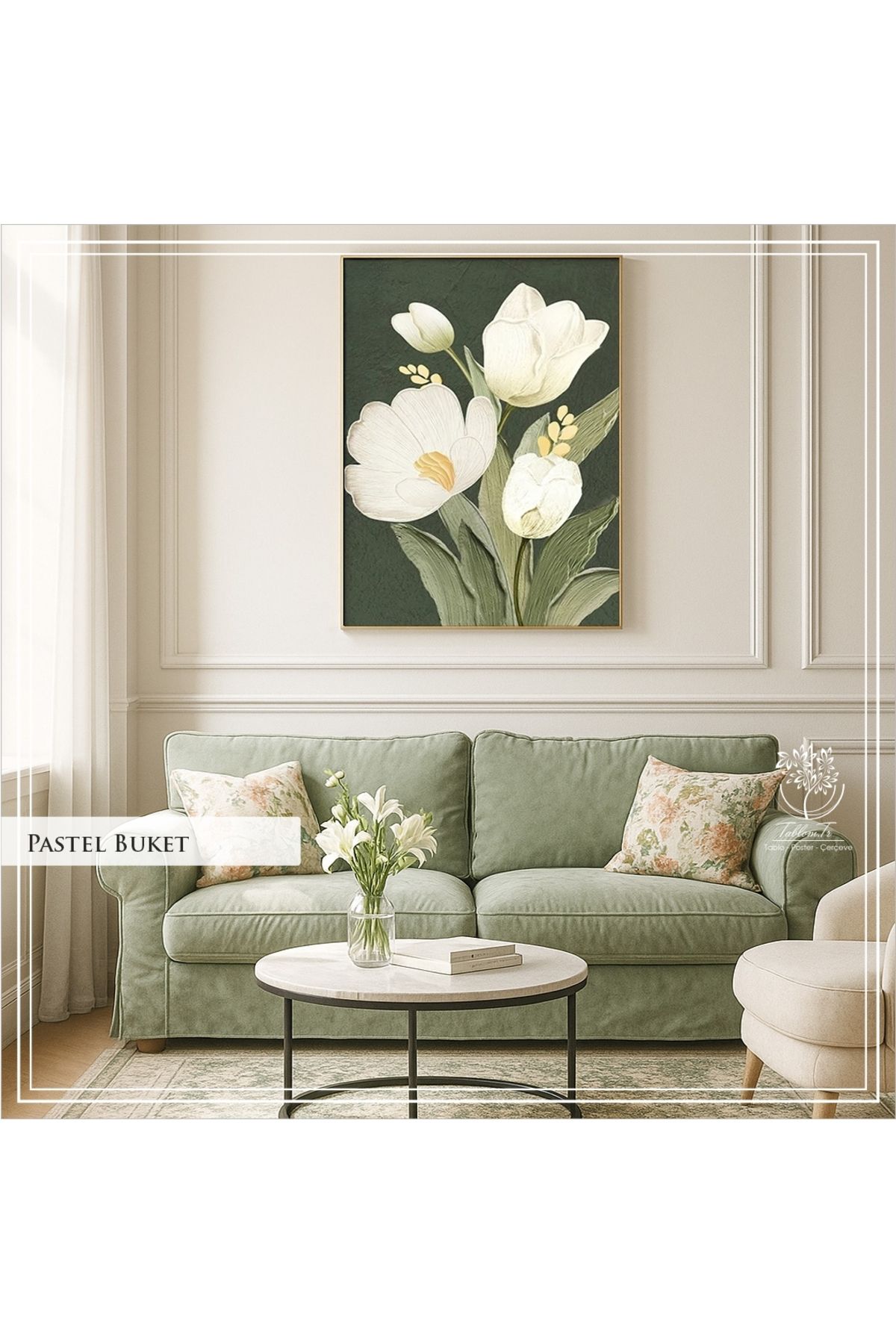 Tablomtr Dijital Baskılı Metal Çerçeveli Camlı Teklili Dekoratif Tablo - Pastel Buket