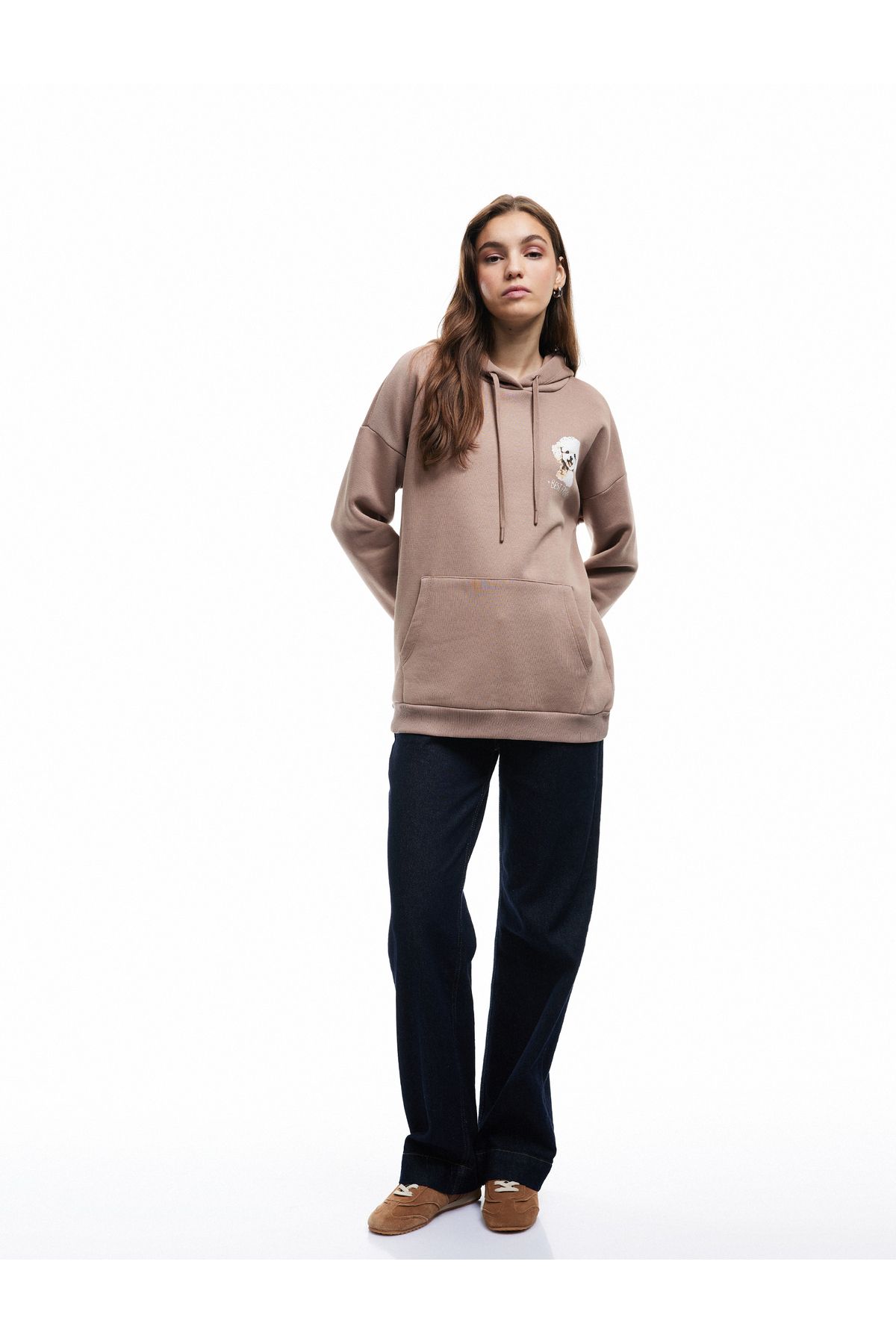 Koton Şardonlu Uzun Kollu Kanguru Cepli Kapüşonlu Arkası Baskılı Oversize Sweatshirt