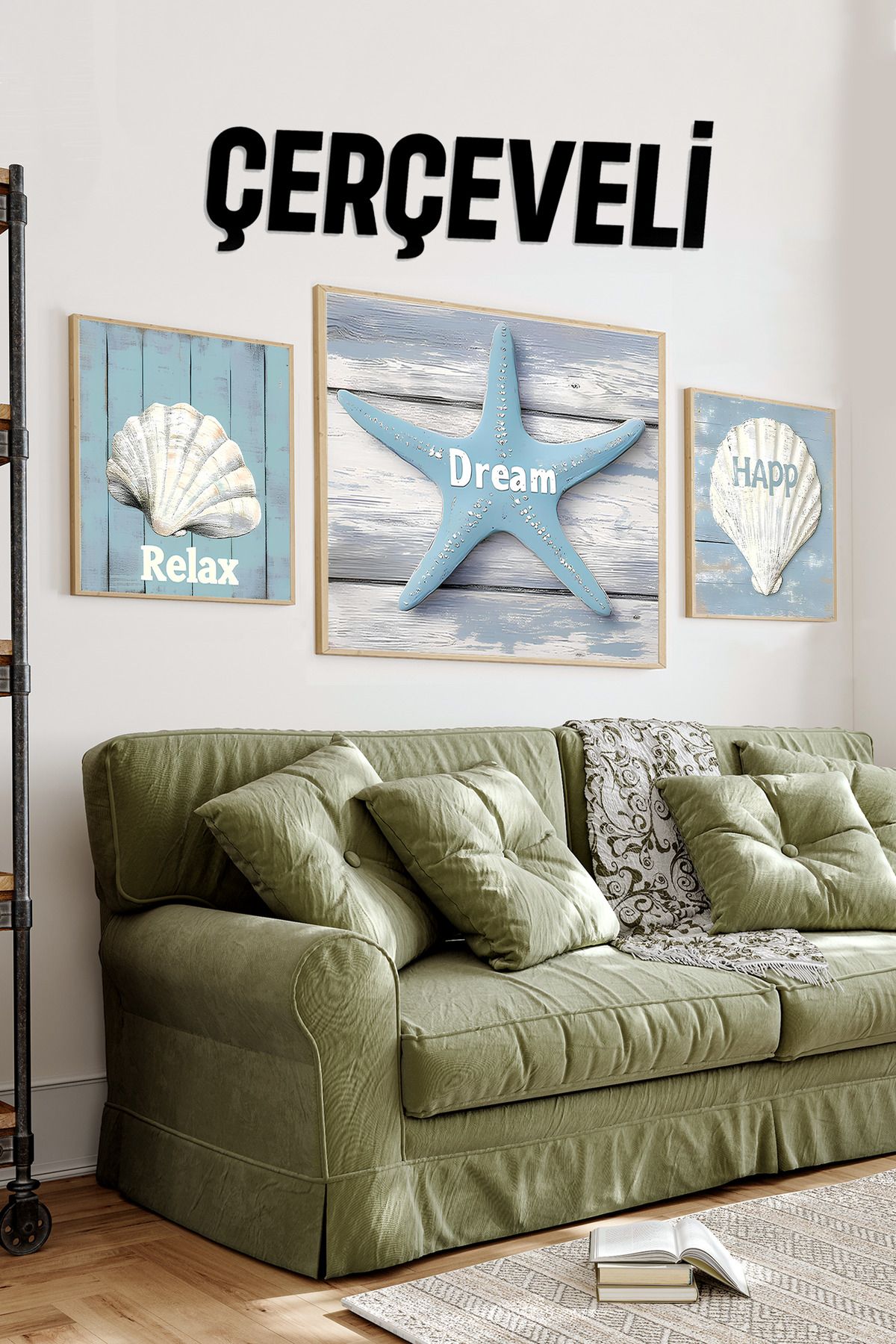 kutuTR 🐚 Relax - Dream - Happy Temalı 3'lü MDF Duvar Tablo Seti (23x23 cm & 42x42 cm) 4242113