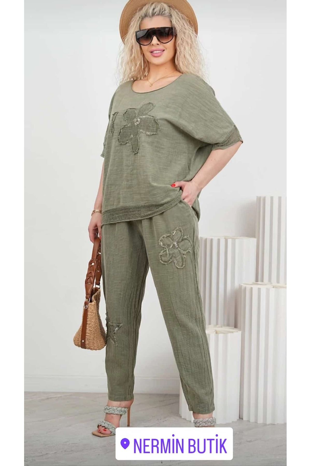 İTALYAN Pamuk takım beli lastikli pantolon oversize bluz