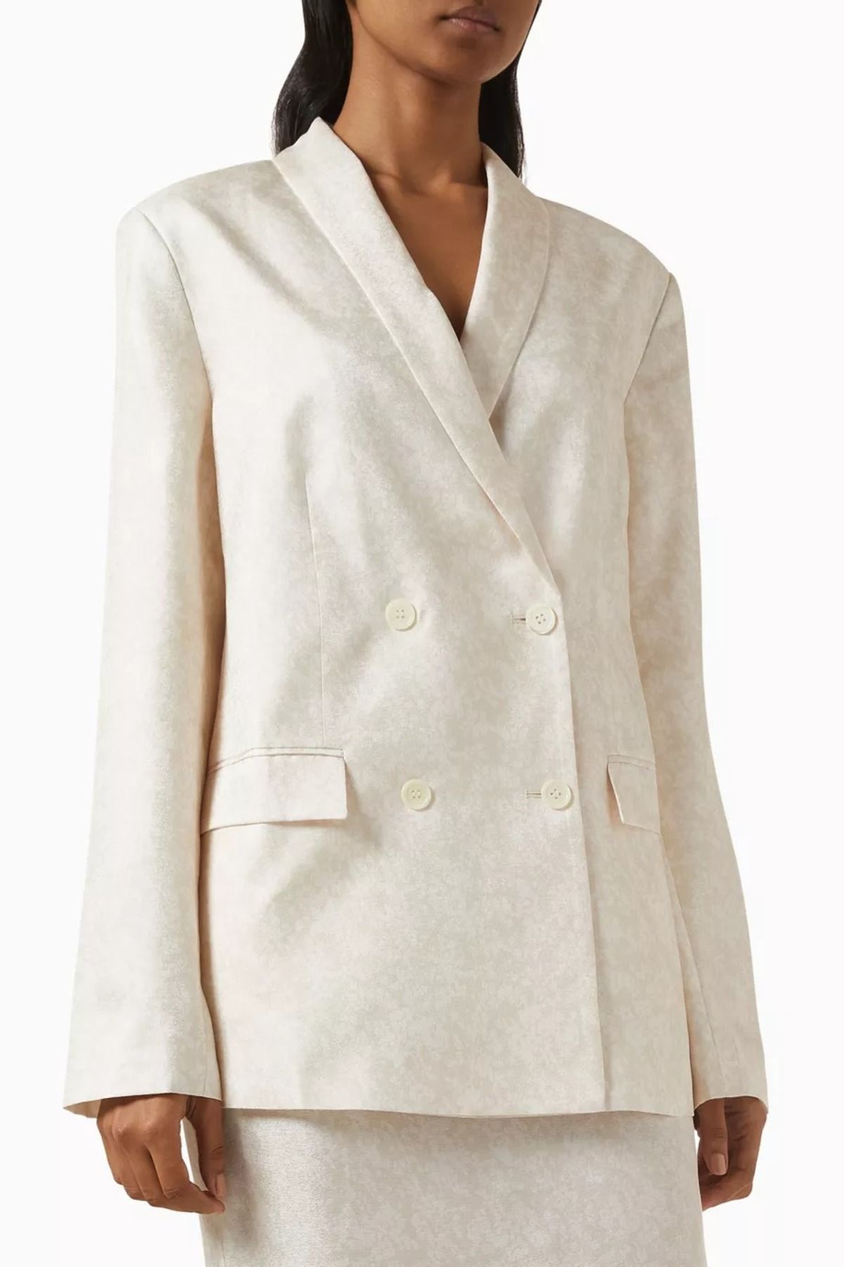 12storeez Silk Relaxed Blazer, Vintage Çiçek Desenli Mulberry İpek Ceket Krem
