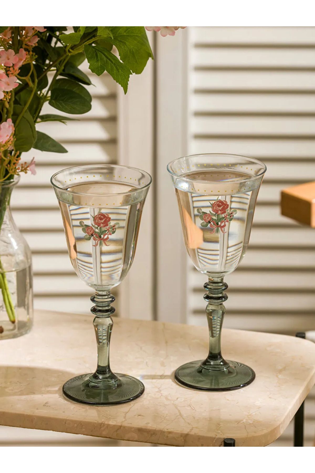 LC Waikiki LCW HOME Karişik Çiçek Baskılı Ayaklı Cam Su Bardağı 2'li 270 ml