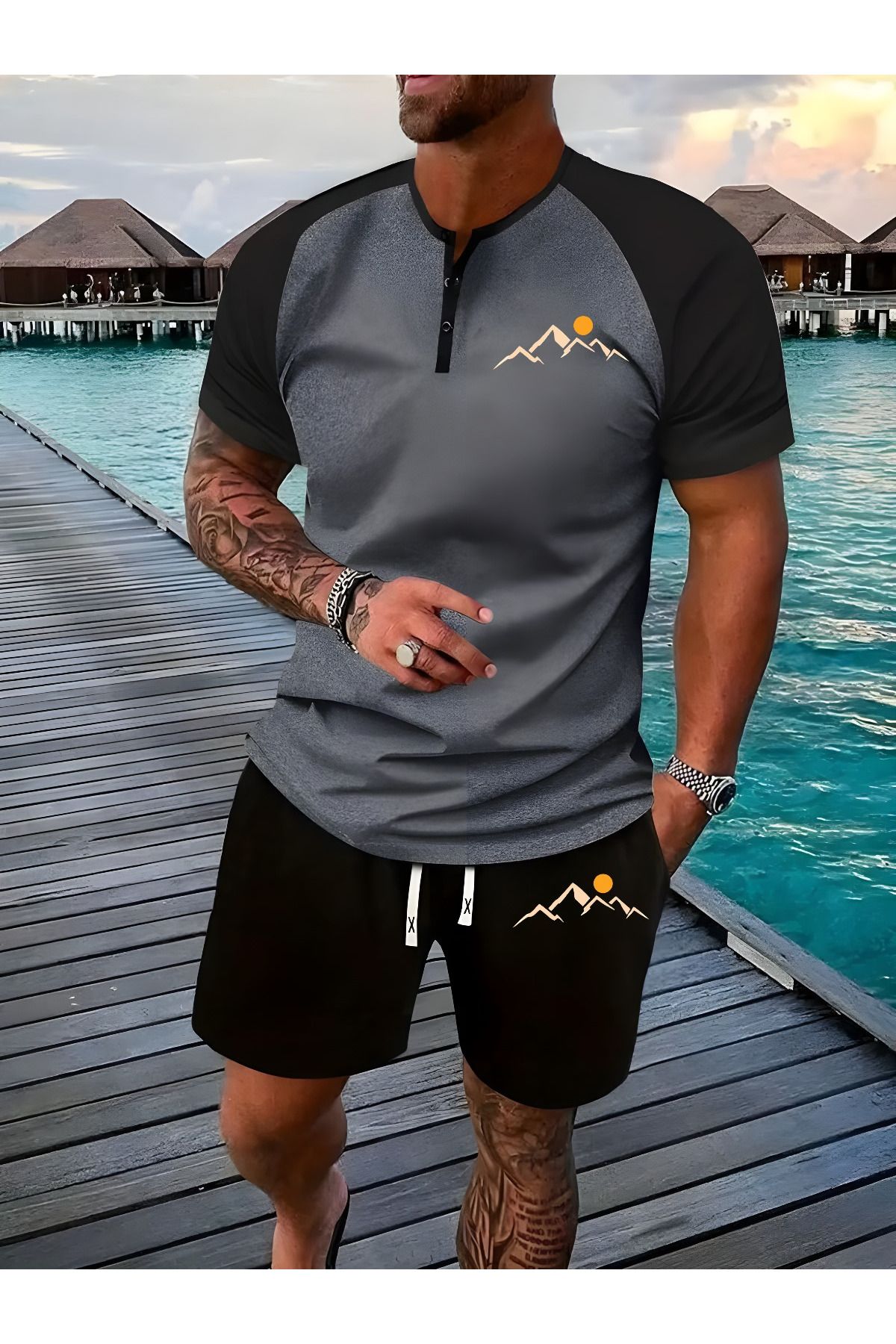 aynewmoda Erkek 2 Parça Kıyafet, Erkek Kısa Kollu Yuvarlak Yaka Henley Gömlek ve Basit Baskılı Şort