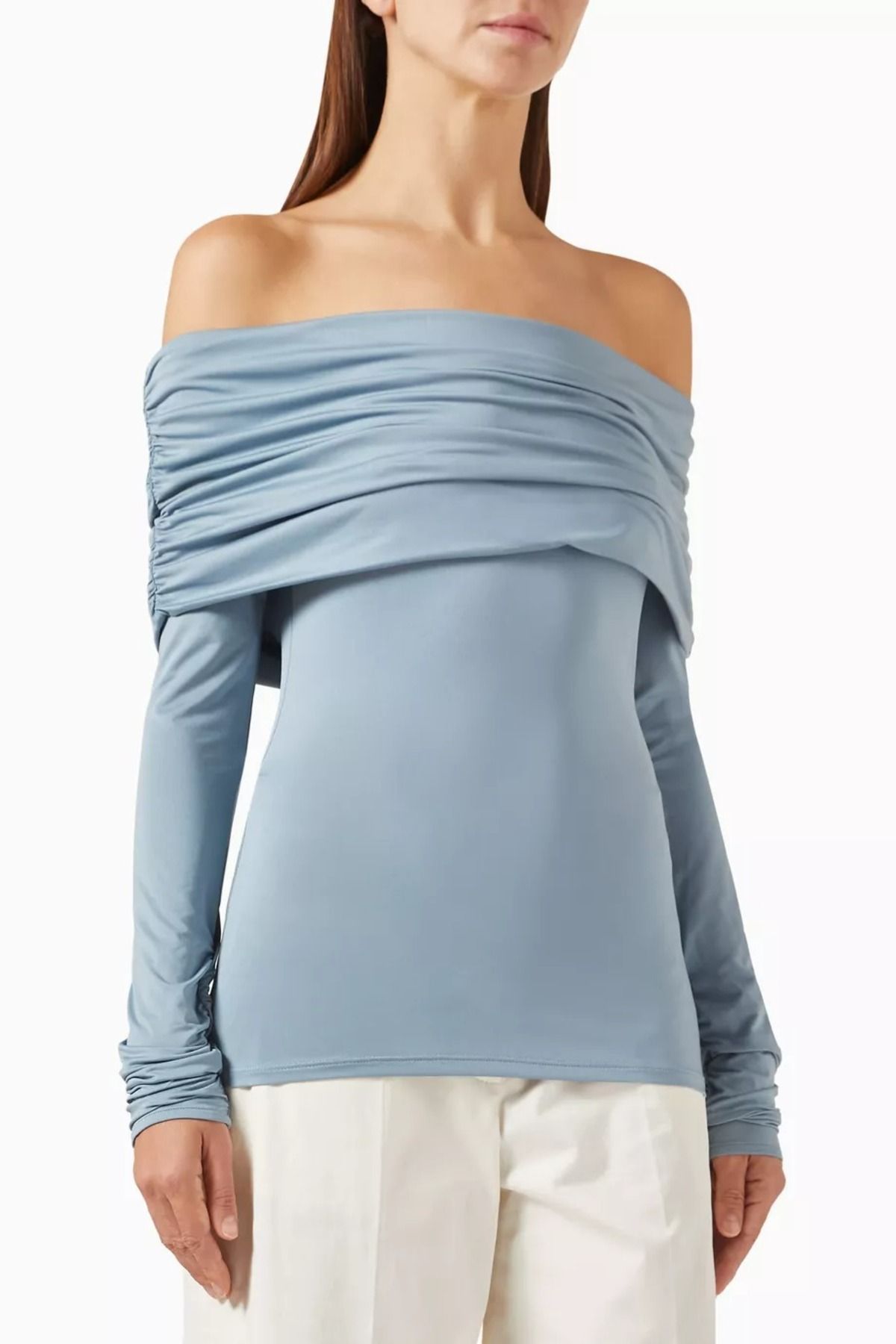 12storeez Off Shoulder Top, Esnek ve Katlı Yakalı Açık Mavi