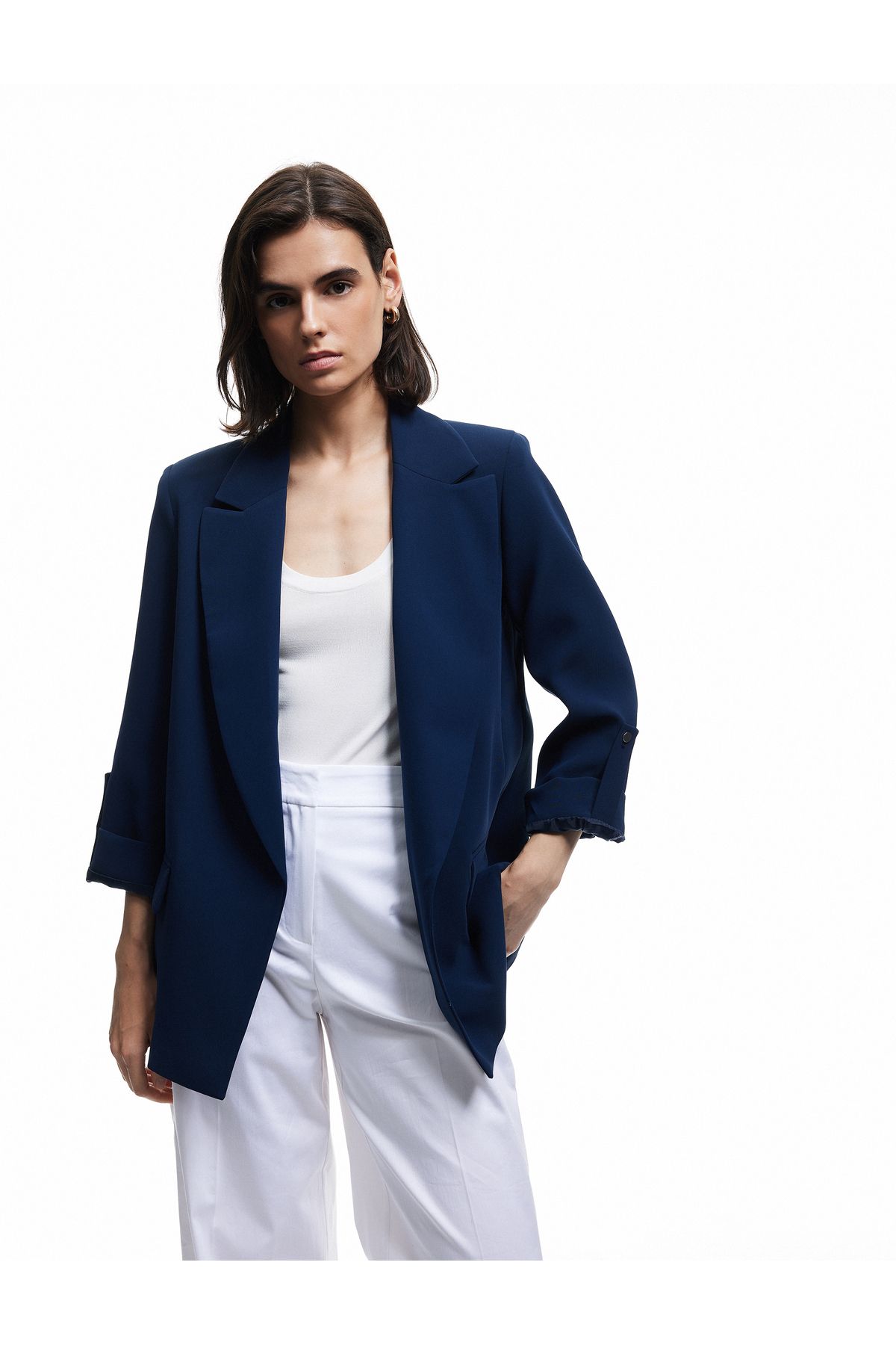 Koton Şal Yaka Kıvırmalı 3/4 Kol Detaylı Cepli Oversize Blazer Ceket