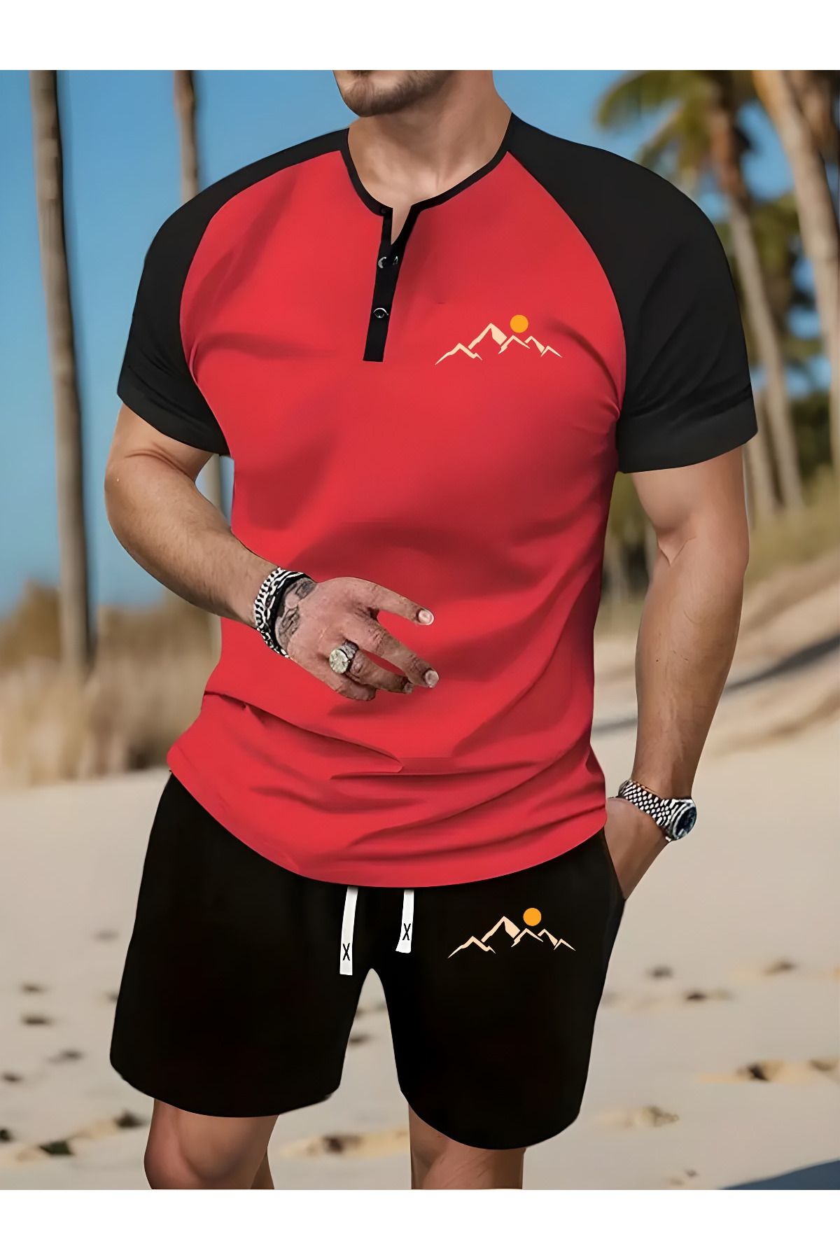 aynewmoda Erkek 2 Parça Kıyafet, Erkek Kısa Kollu Yuvarlak Yaka Henley Gömlek ve Basit Baskılı Şort