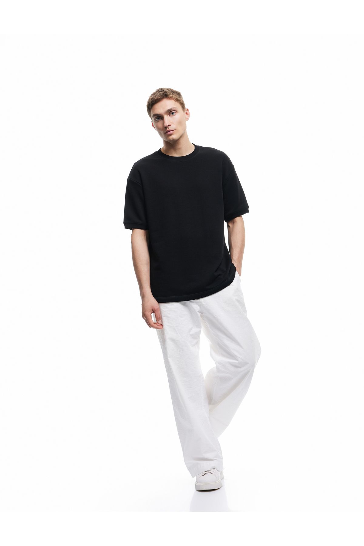 Koton Kısa Kollu Bisiklet Yaka Şardonlu Basic Oversize Tişört
