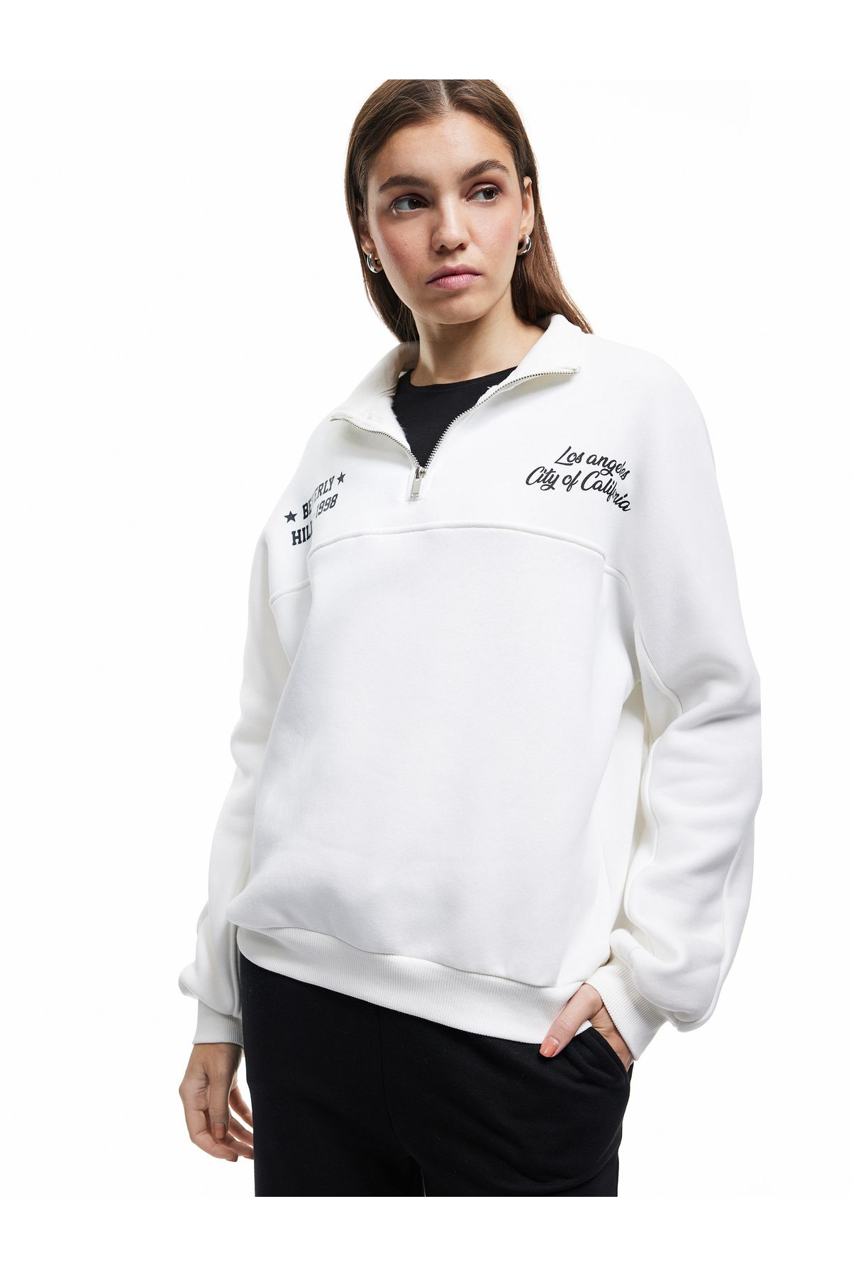 Koton Şardonlu Uzun Kollu Arkası Baskılı Yarım Fermuarlı Sweatshirt
