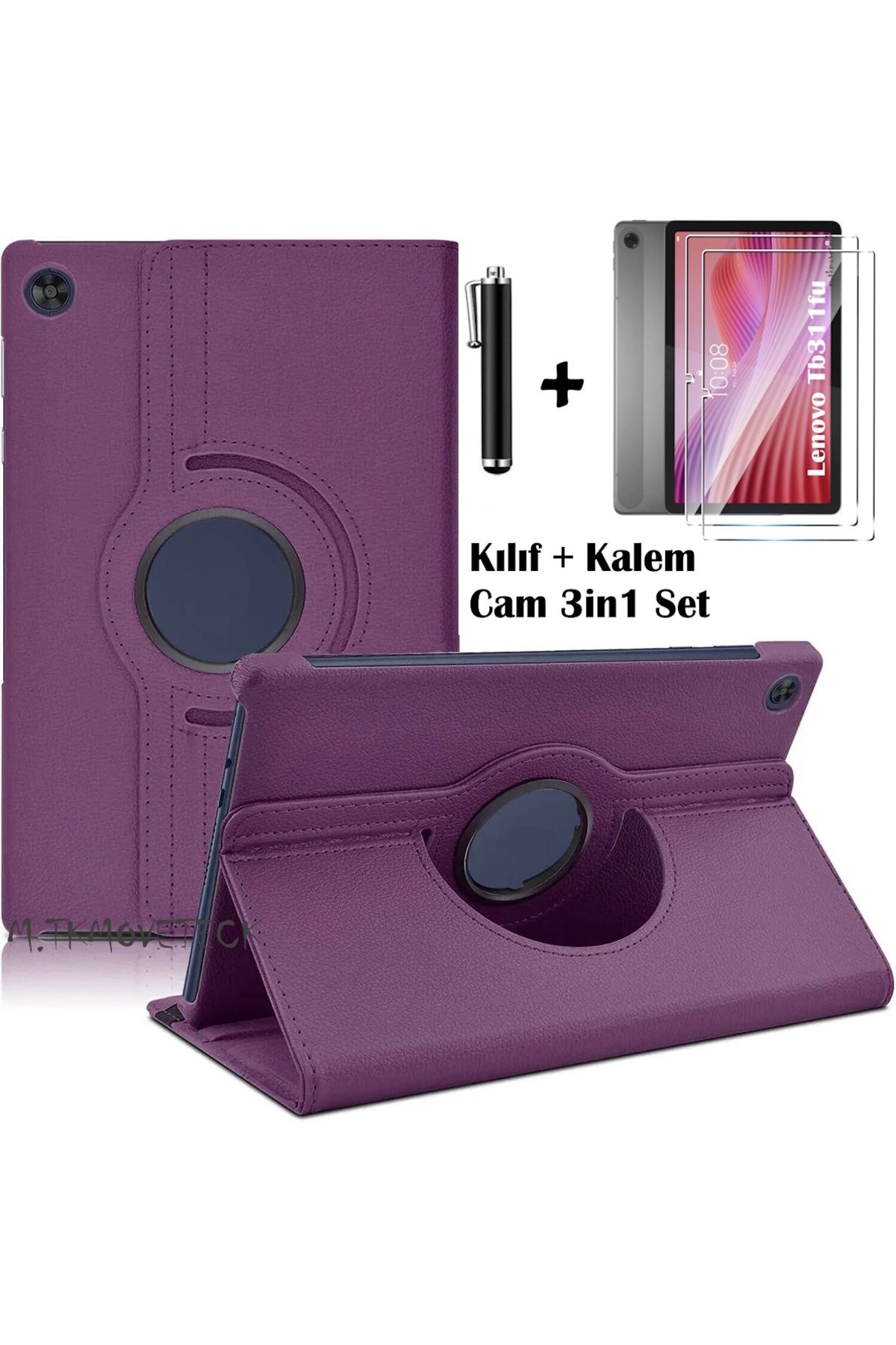 m.tk moveteck Lenovo Tab TB311FU 10.1" inç Tablet Kılıf 360 Dönebilen Standlı Kapaklı + Ekran Koruyucu Cam + Kalem