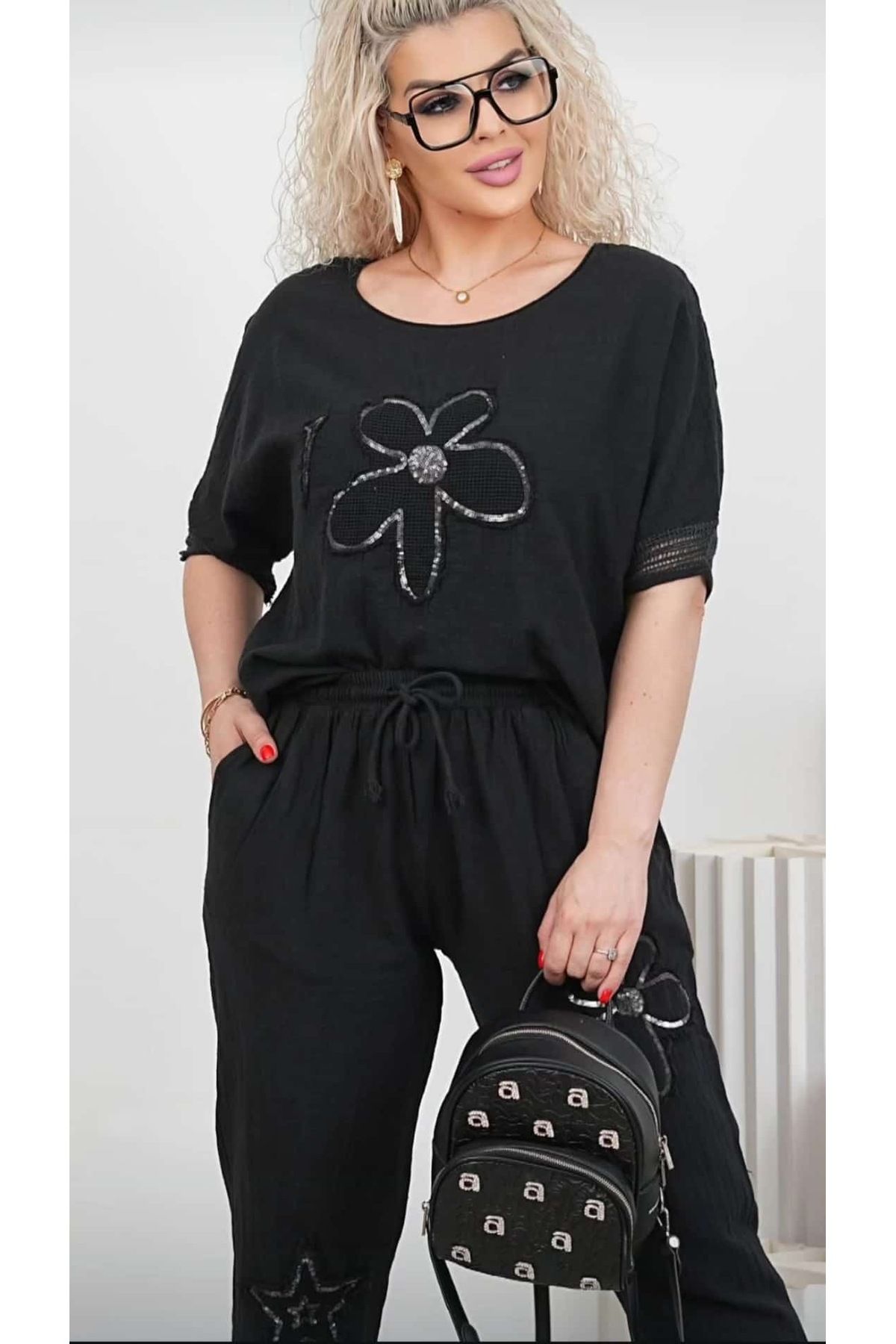 İTALYAN Pamuk takım beli lastikli pantolon oversize bluz