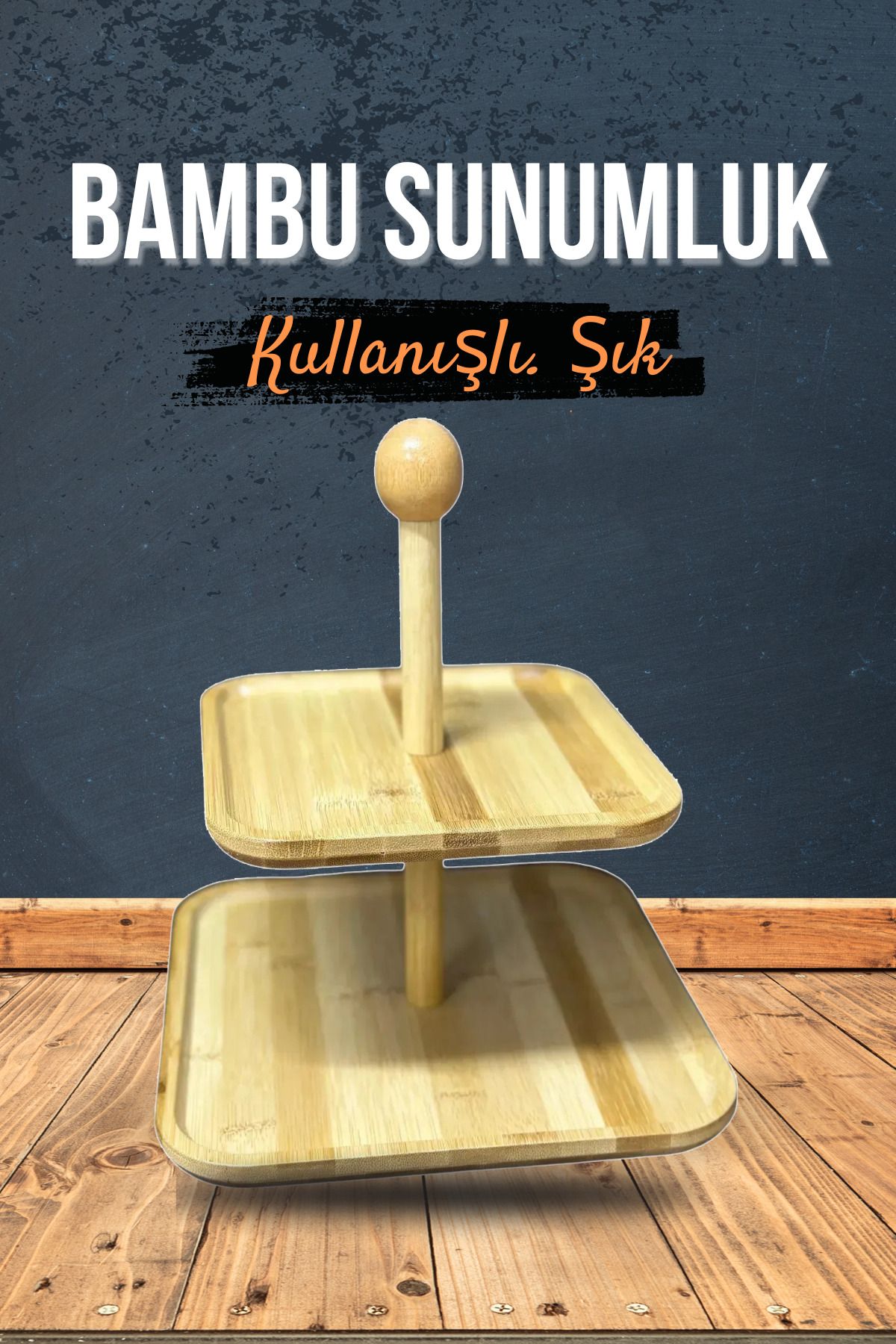 NOY İkili Katlı Kare Bambu Sunumluk Tatlı Tuzlu İçin Servis Tabağı Kurabiyelik Şekerlik