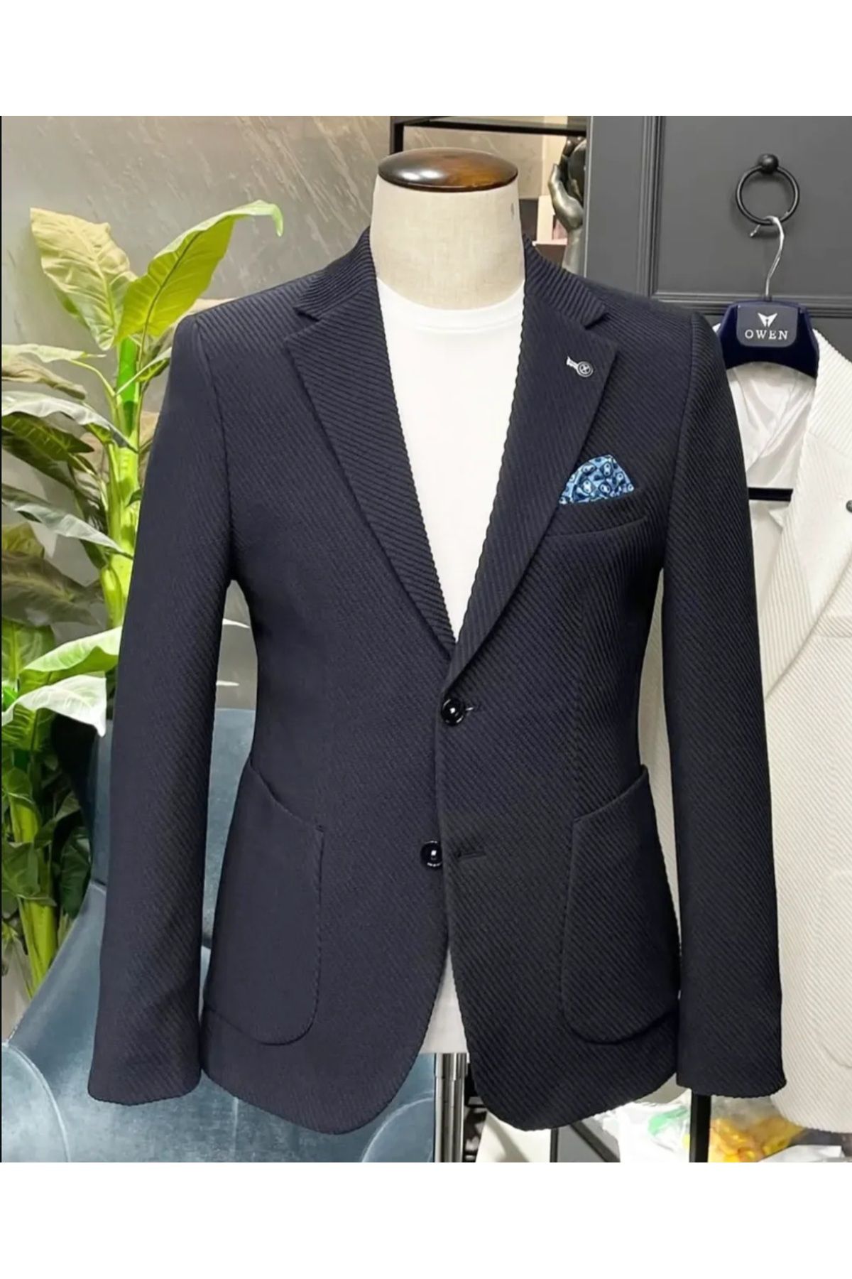 owen Erkek Lacivert Dokulu Örme Blazer Ceket