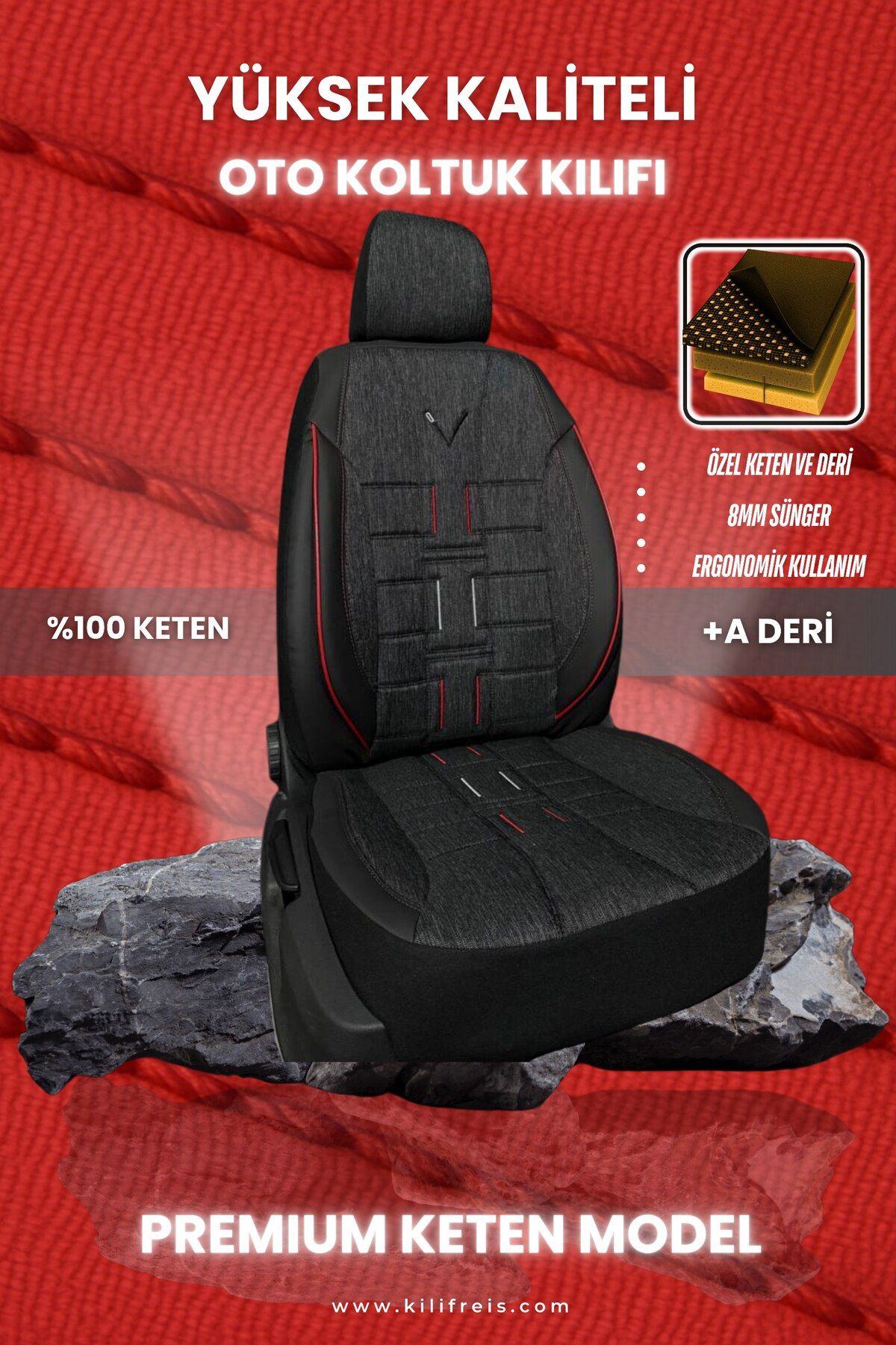 KILIFREİS PREMIUM SERİSİ - SİYAH KETEN VE DERİ KOLTUK KILIFI & Ön Arka 5 Koltuk Tam Set