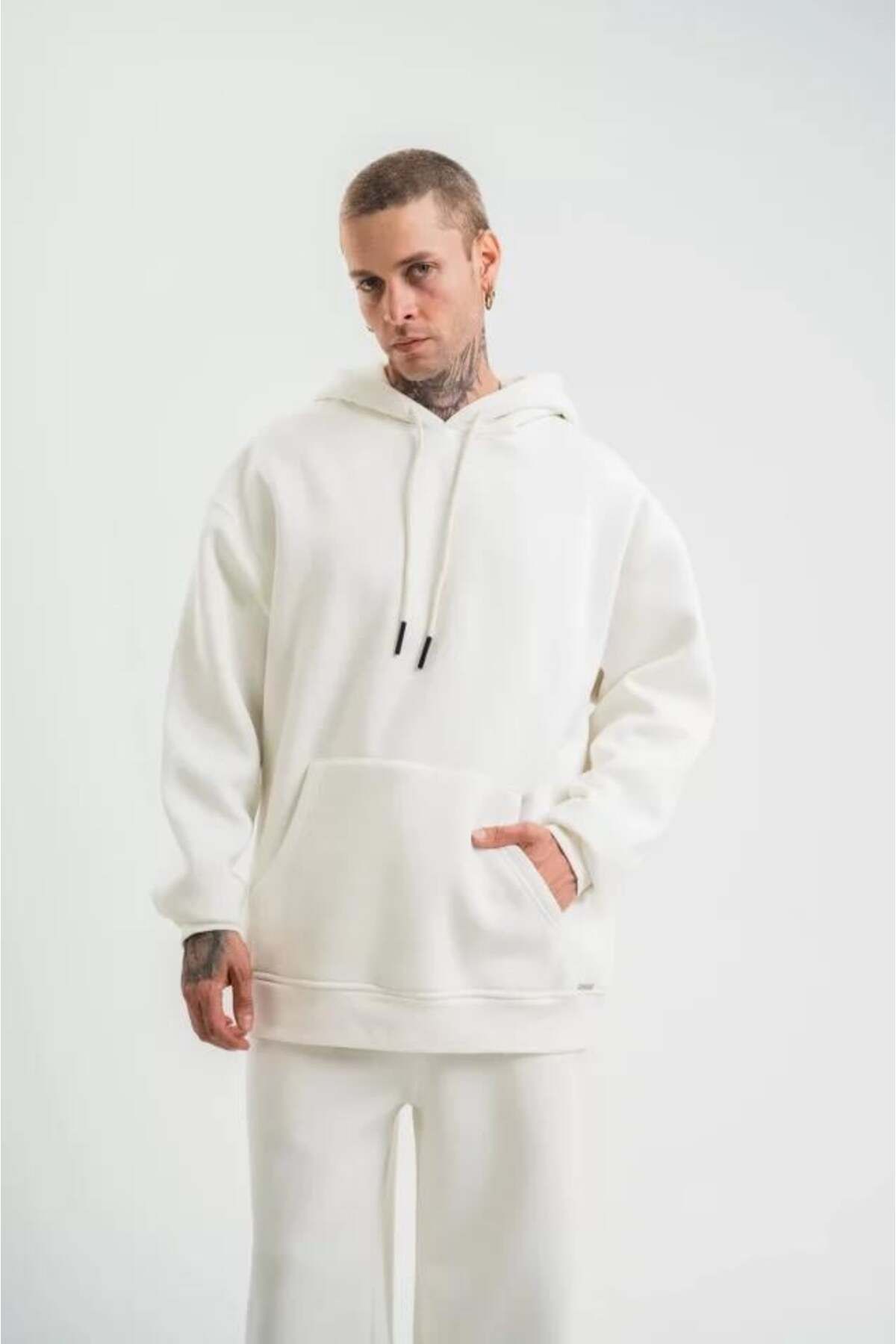 modamtn Unisex Double Oversize Kapşonlu Basic SweatShirt - Beyaz