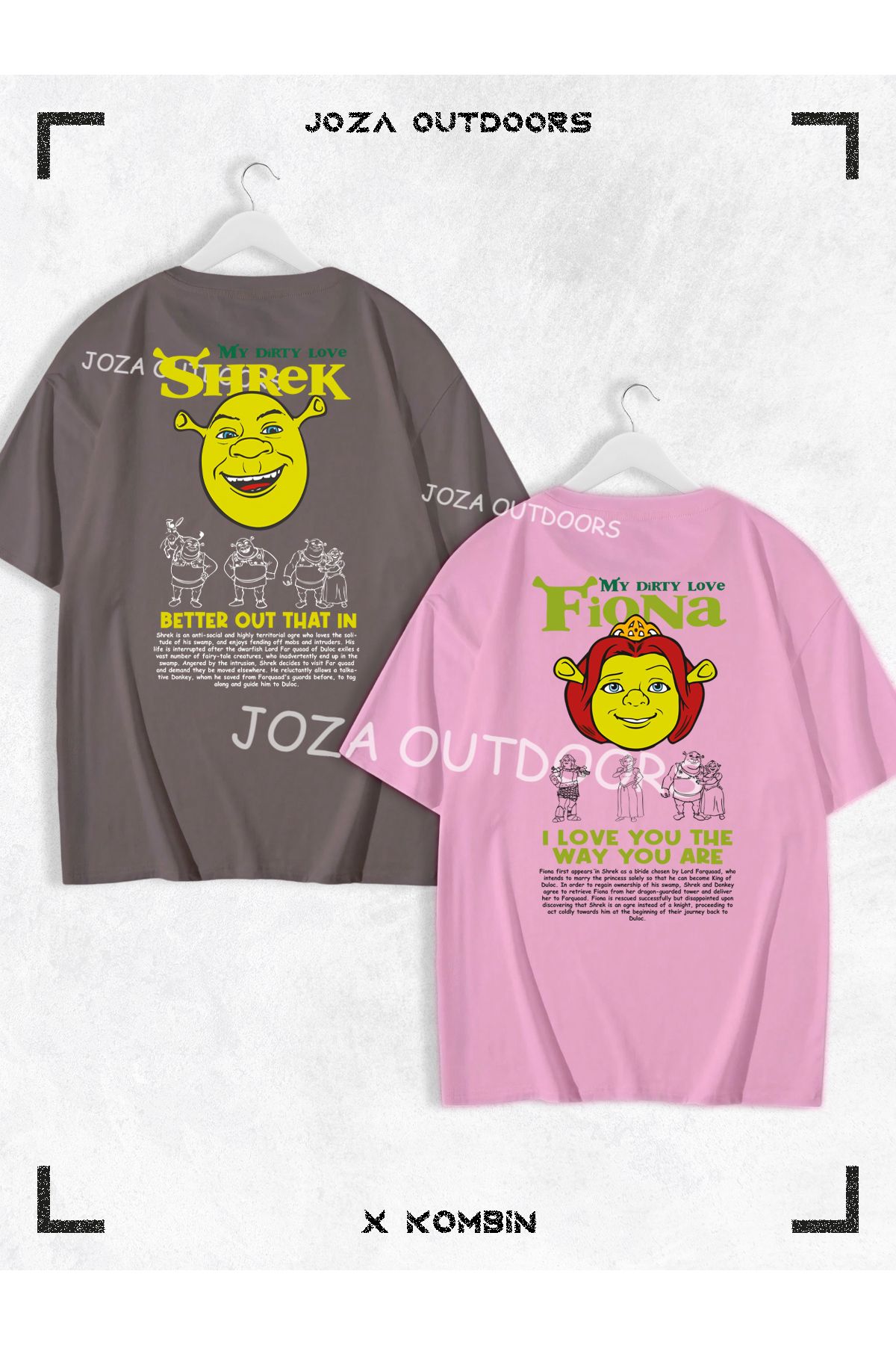 Jobia Outdoors Kadın Erkek Shrek Fiona Yazılı SIRT Baskılı Sevgili Çift Kombini Oversize Tshirt 2'li Takım