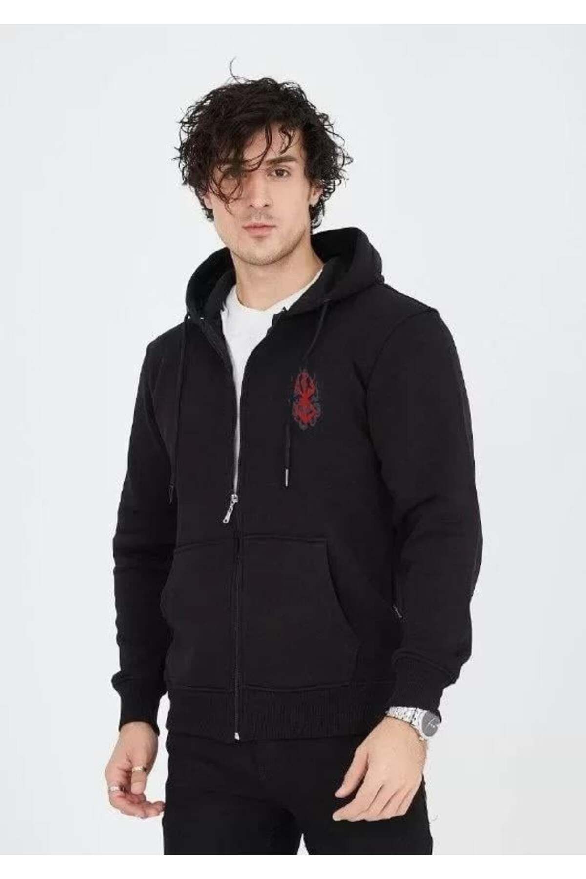 modamtn Unisex Baskılı Tam Fermuarlı Kapşonlu SweatShirt - Siyah