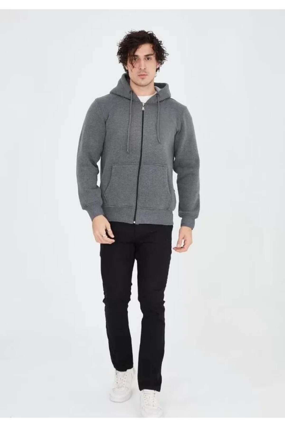 modamtn Unisex Tam Fermuarlı Kapşonlu SweatShirt - Füme